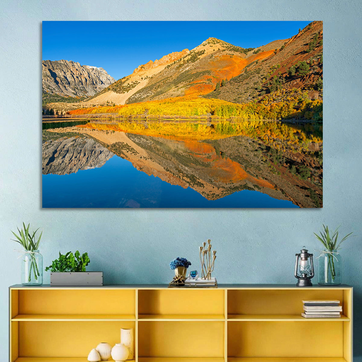 North Lake Autumn Reflection Wall Art in a room, landscape