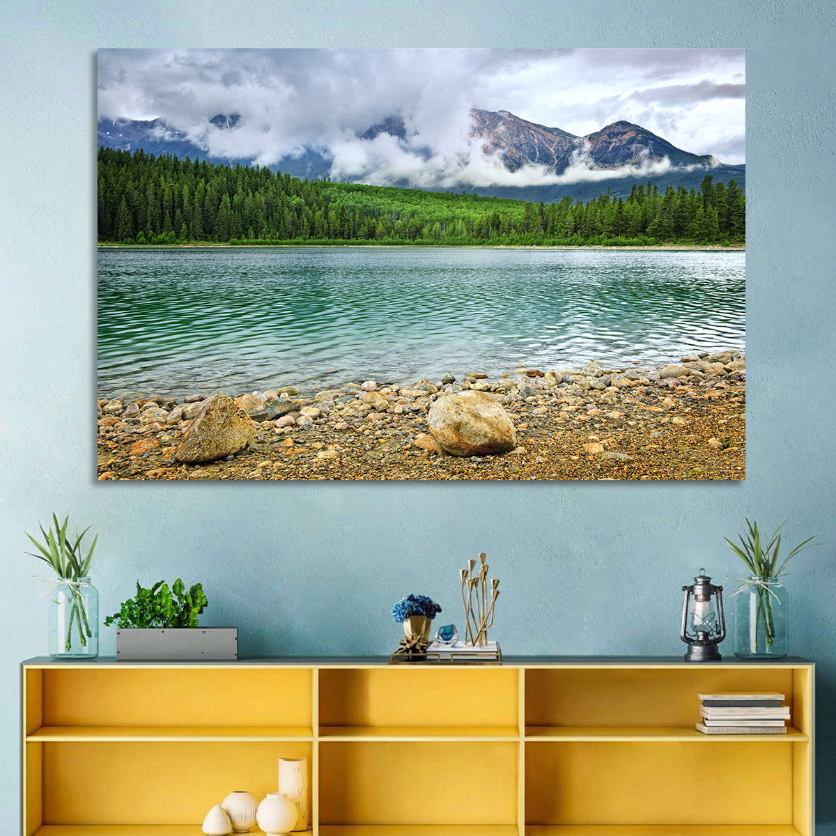 Patricia Lake Cloudy Peaks Wall Art in a room, landscape