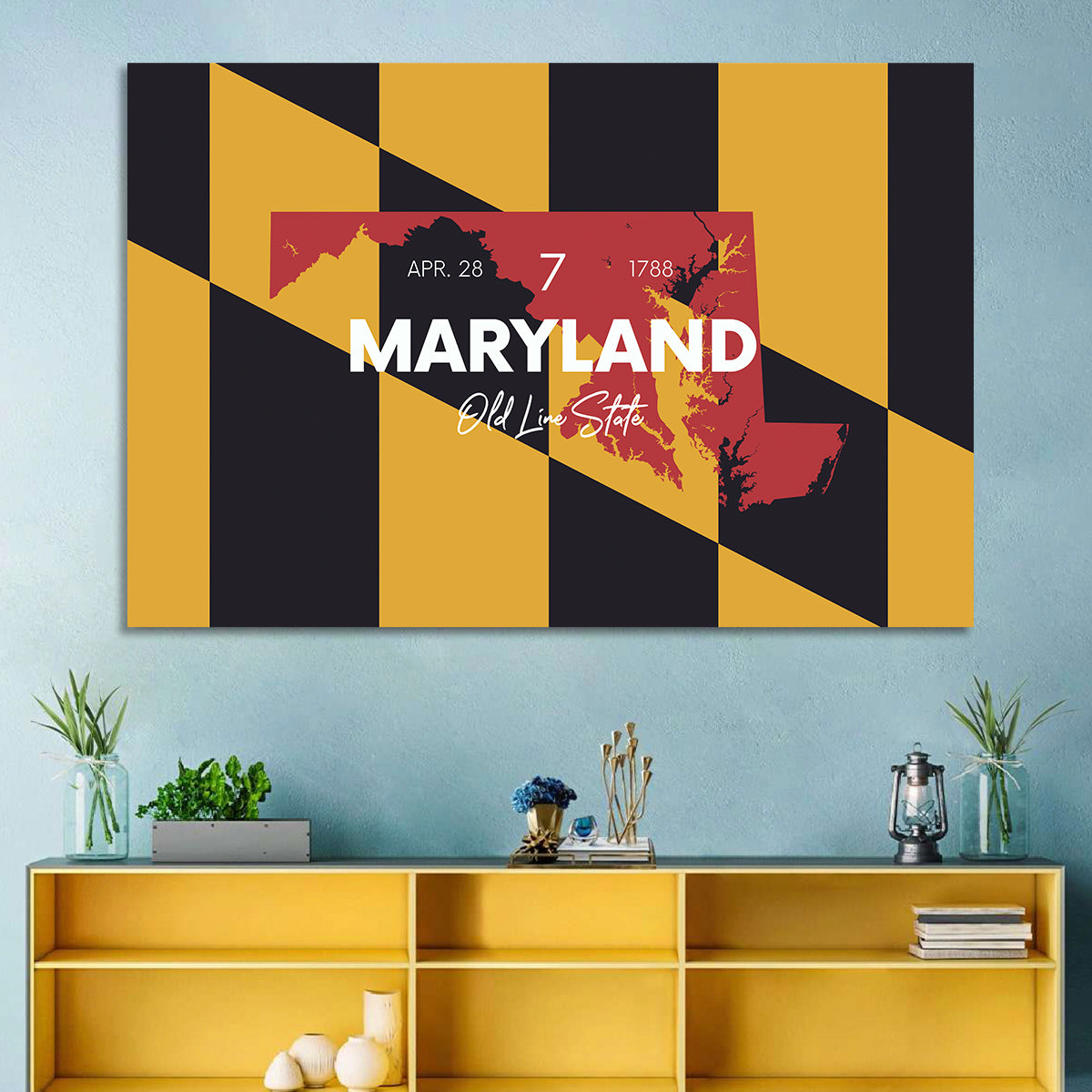 Maryland Flag Map Wall Art in a room, landscape
