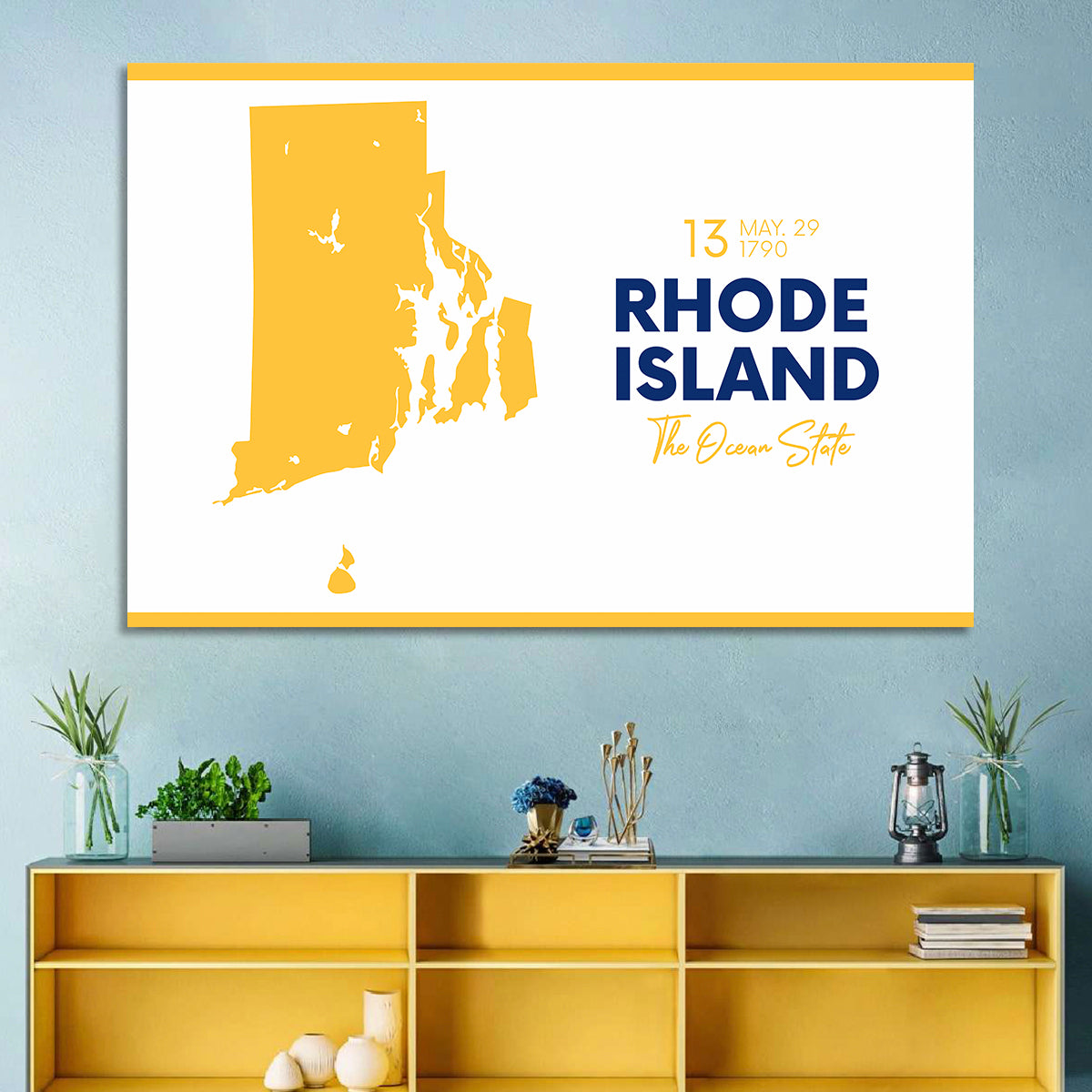 Rhode Island Map Wall Art in a room, landscape