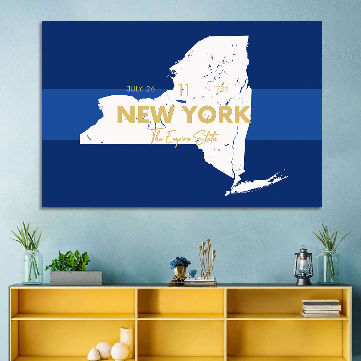 New York State Typographic Map Wall Art in a room, landscape