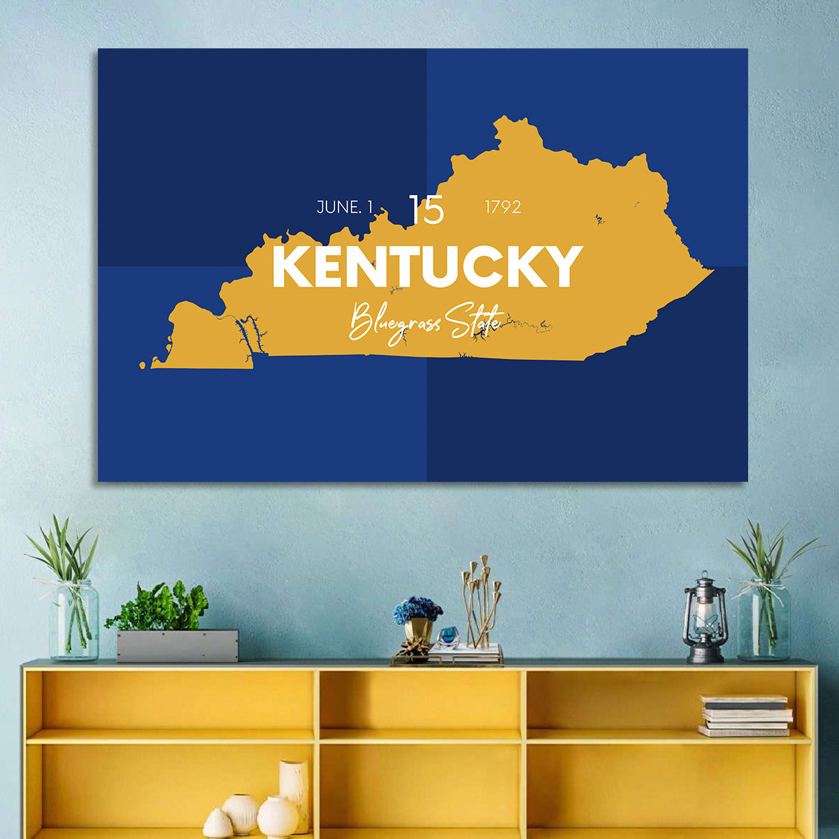 Blue and Gold Kentucky Map Wall Art in a room, landscape