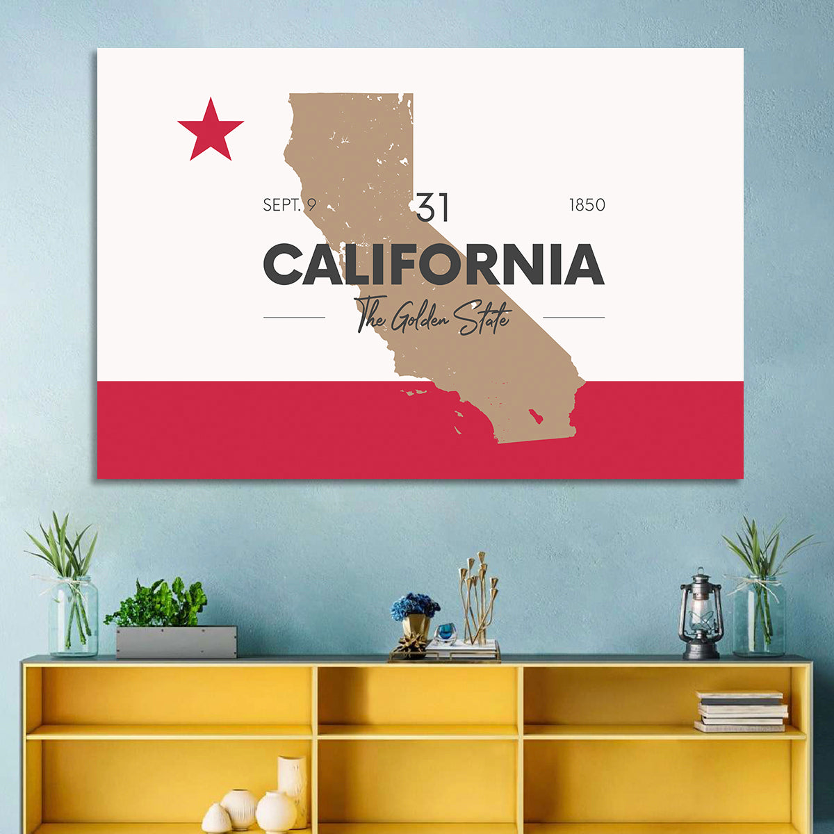 California Map with Red Star Wall Art in a room, landscape