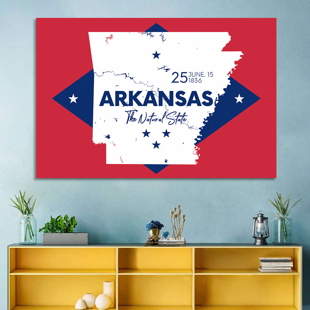 Patriotic Arkansas Map Wall Art in a room, landscape