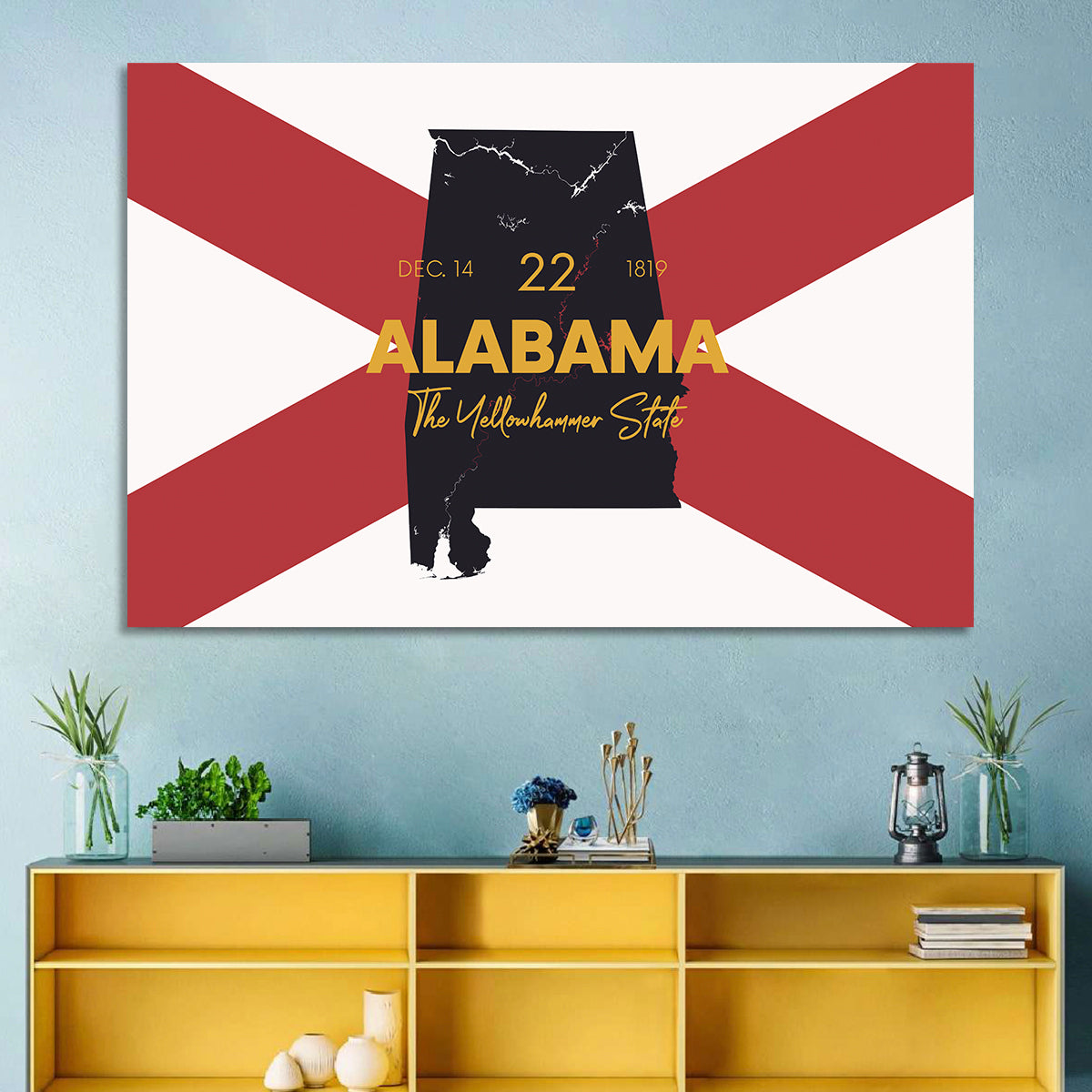 Alabama Map Over State Flag Wall Art in a room, landscape