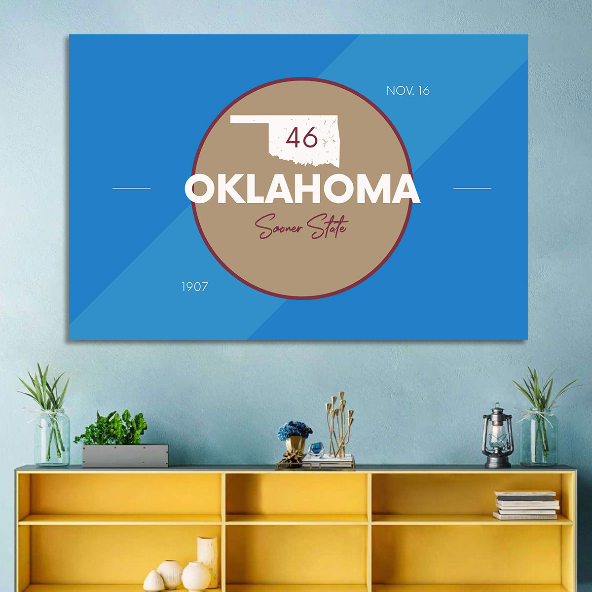 Oklahoma State Medallion Map Wall Art in a room, landscape