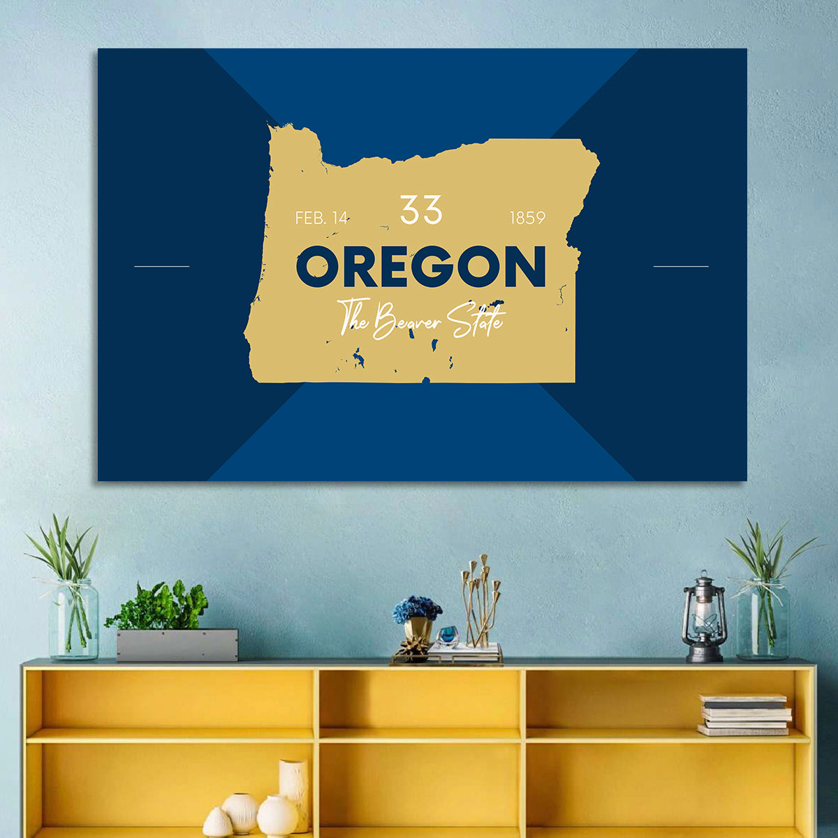 Oregon Typographic Map Wall Art in a room, landscape