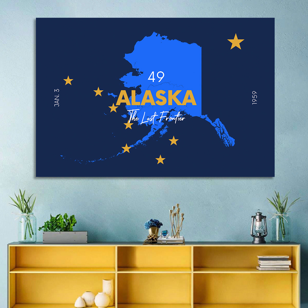 Alaska Map with Gold Stars Wall Art in a room, landscape