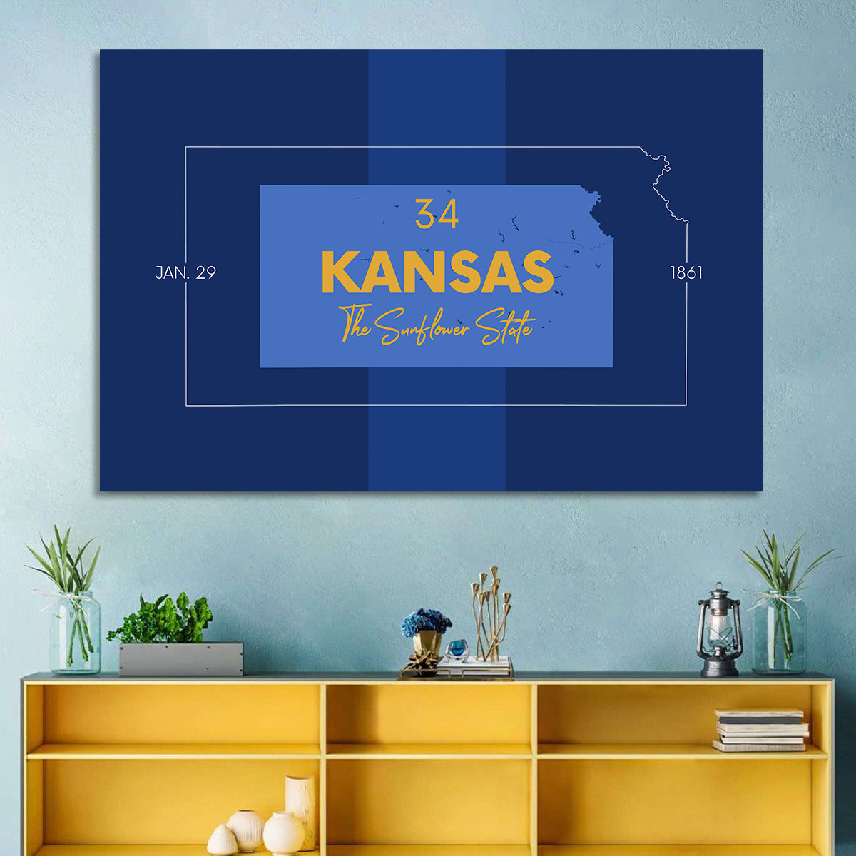 Kansas Typographic Map, Blue and Gold Wall Art in a room, landscape