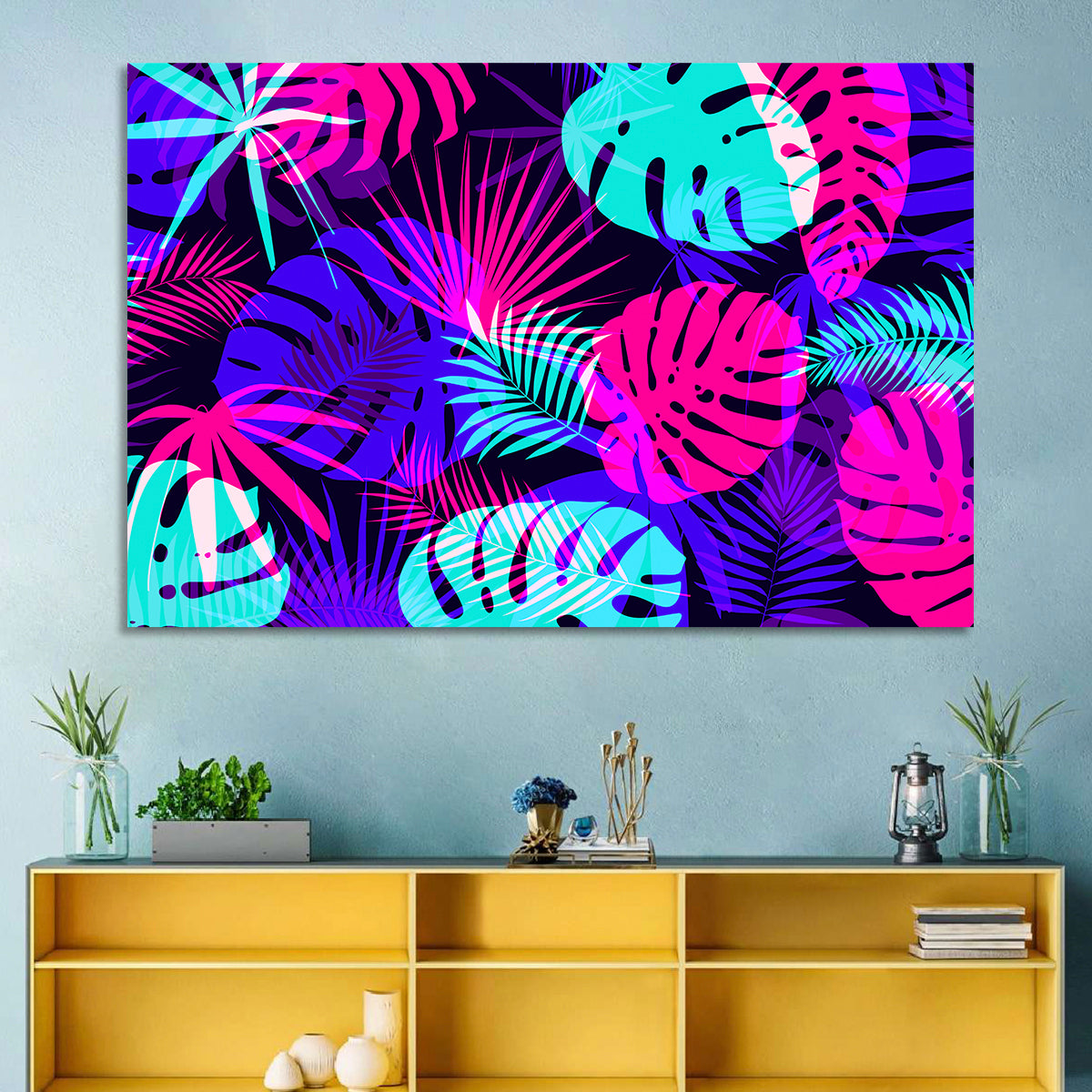 Neon Tropical Leaves Wall Art in a room, landscape