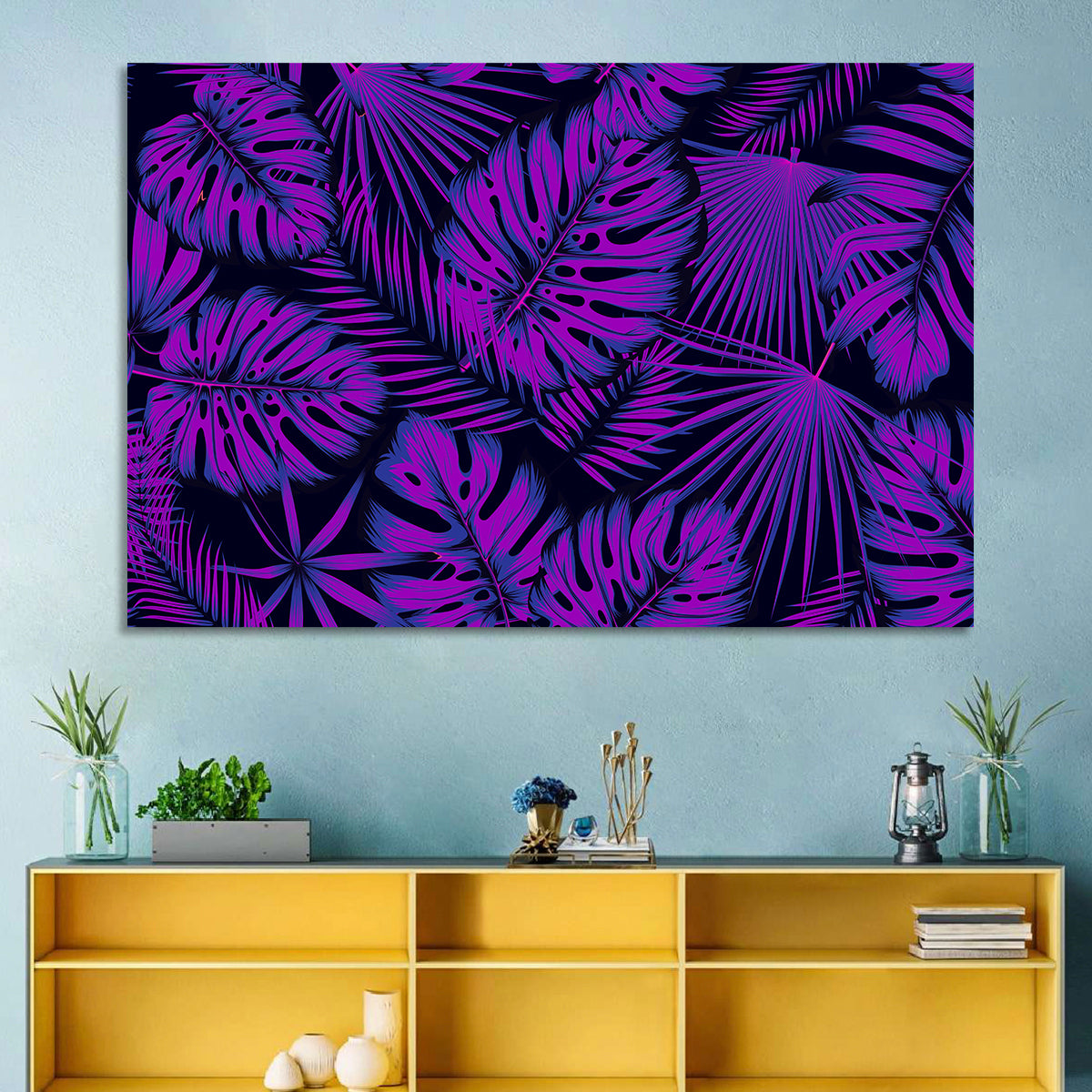 Violet Tropical Leaves Wall Art in a room, landscape