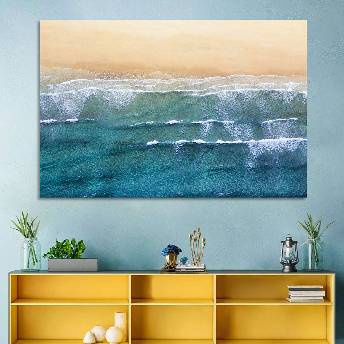 Calm Turquoise Beachscape Wall Art in a room, landscape
