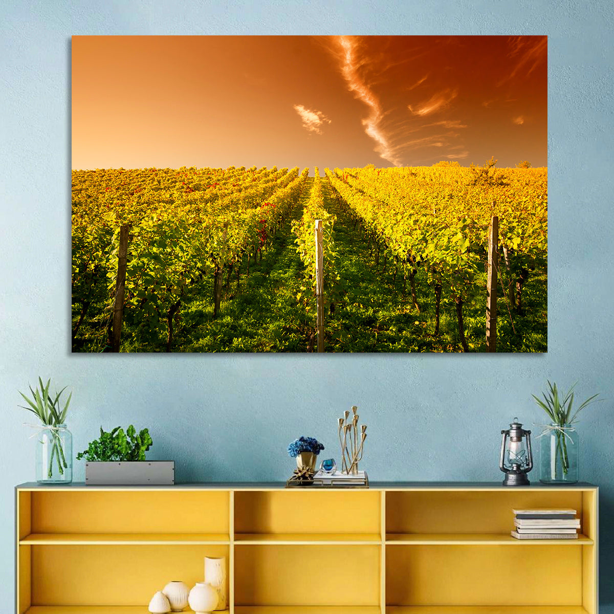 Golden Vineyard Sunset Wall Art in a room, landscape
