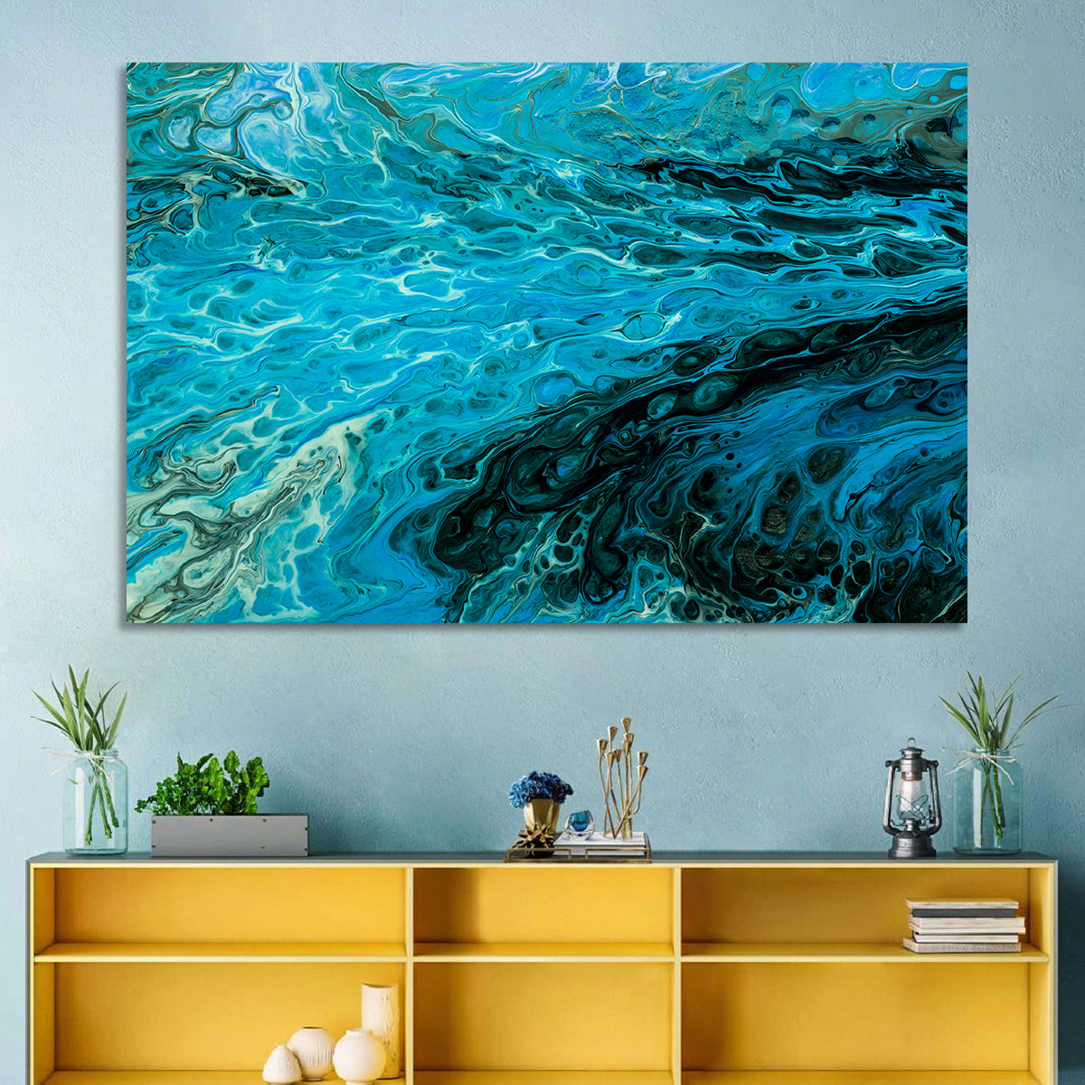 Liquid Marble Blue Abstract Wall Art in a room, landscape