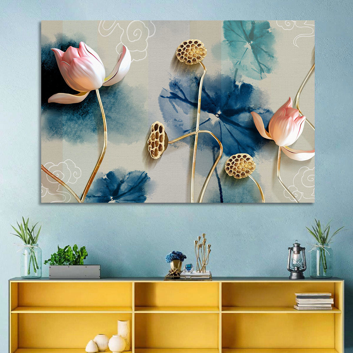 Blue Lotus Botanical Backdrop Wall Art in a room, landscape