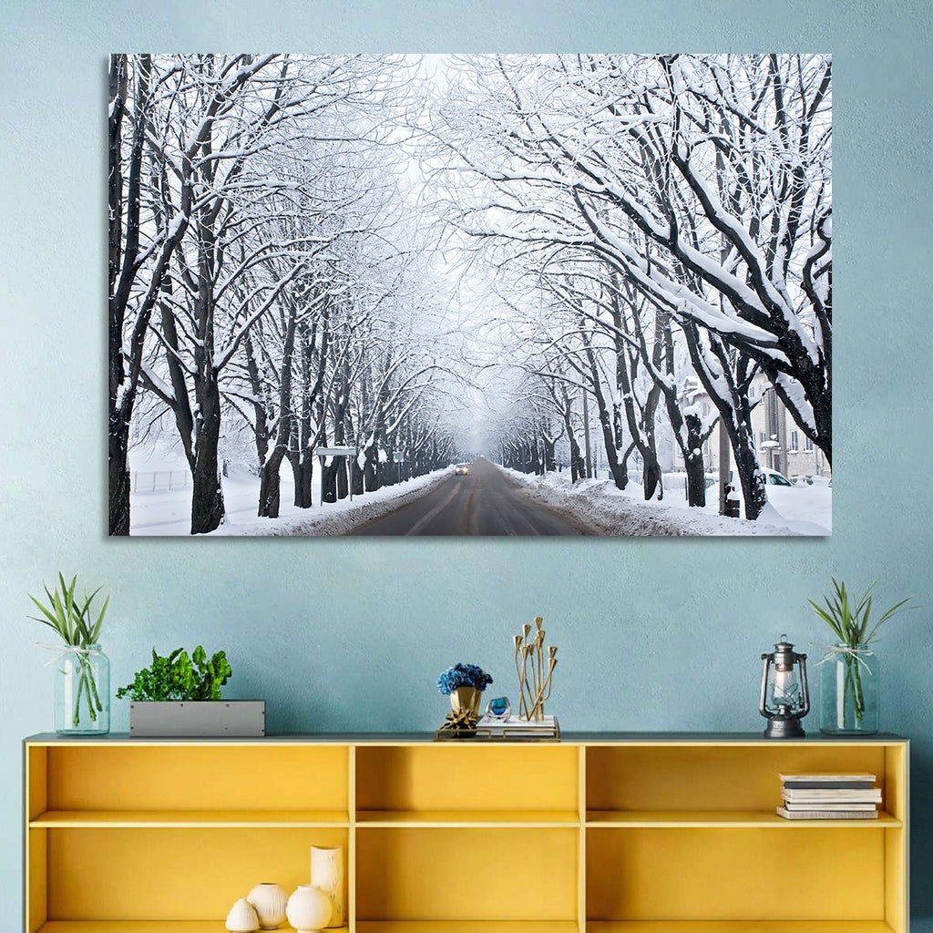 Snowy Road with Distant Headlights Wall Art