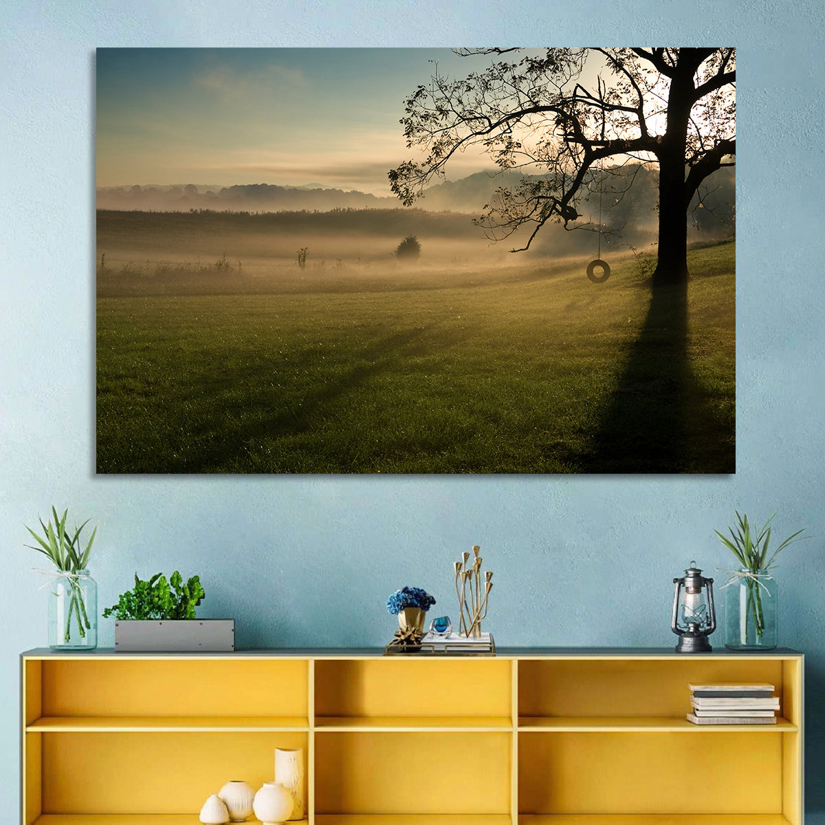 Tire Swing in Morning Mist Wall Art in a room, landscape