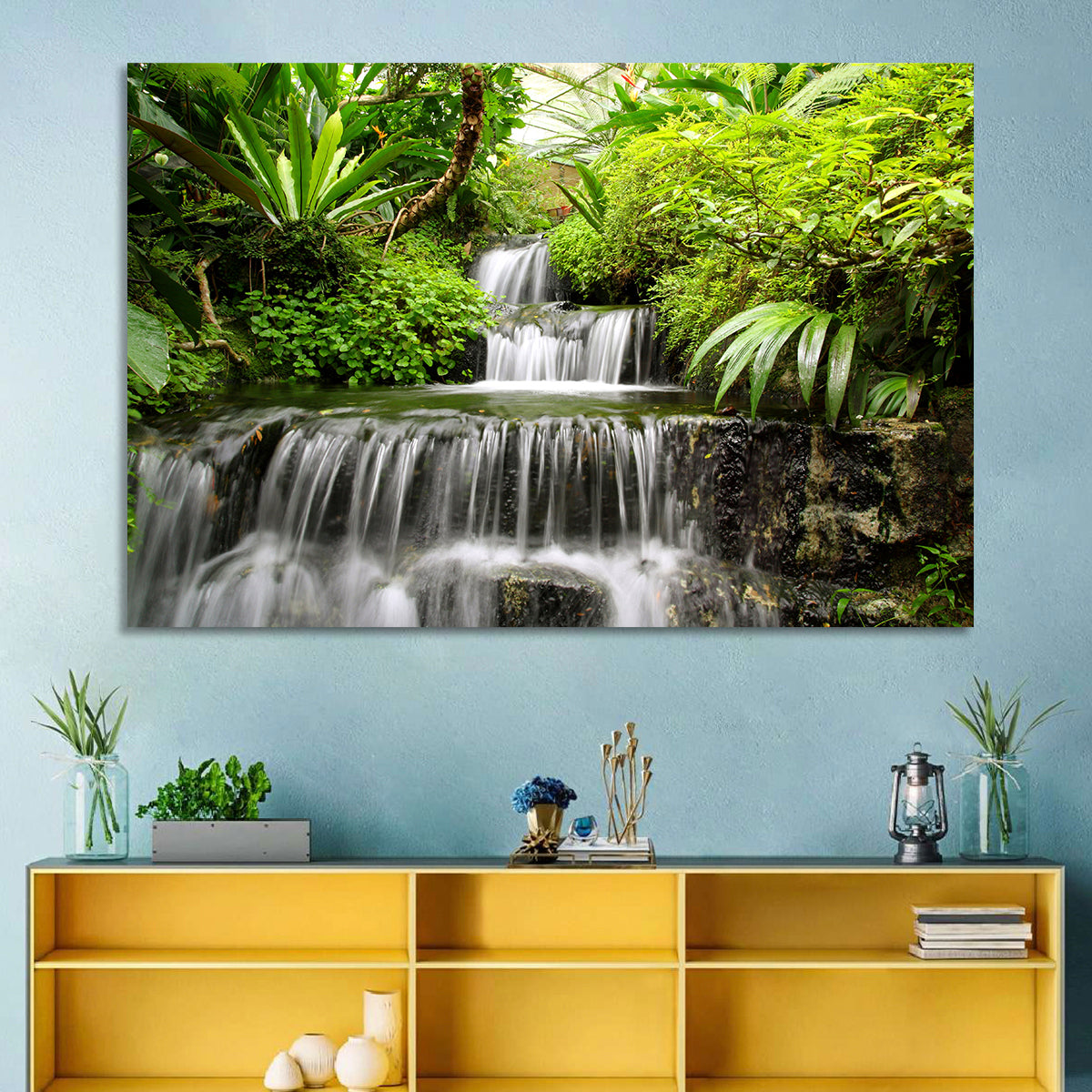 Lush Rainforest Cascade Wall Art in a room, landscape