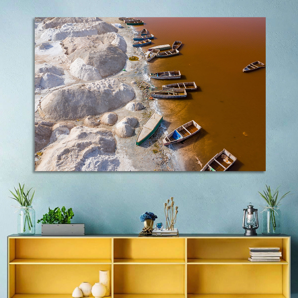 Lac Rose Boats and Salt Mounds Wall Art in a room, landscape