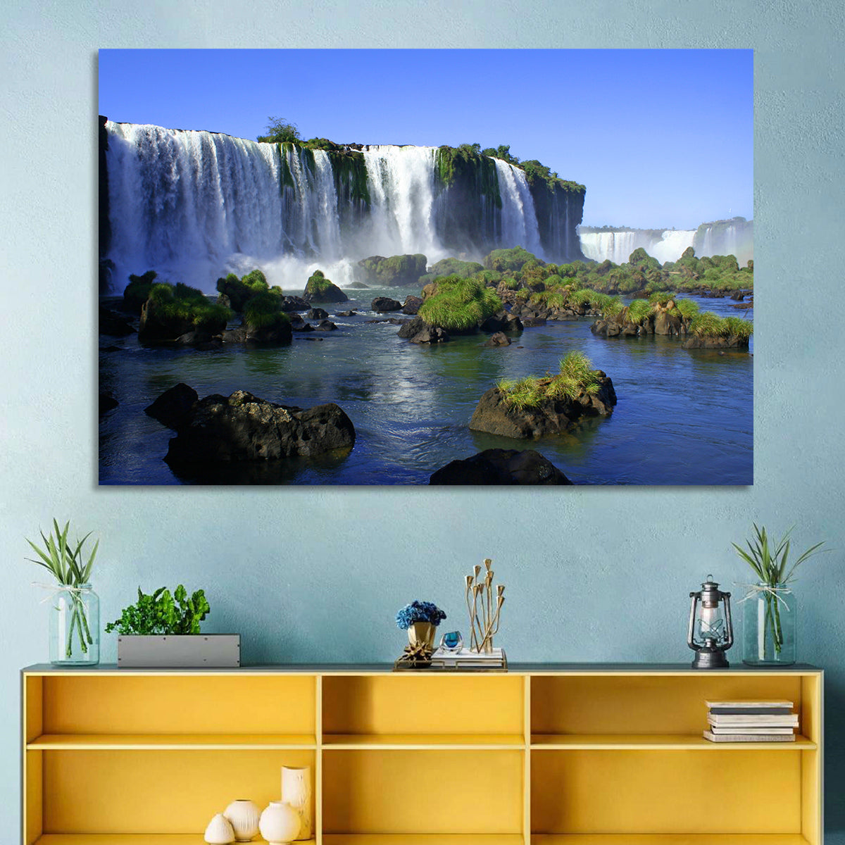 Iguazu Falls Mossy Rocks Wall Art in a room, landscape