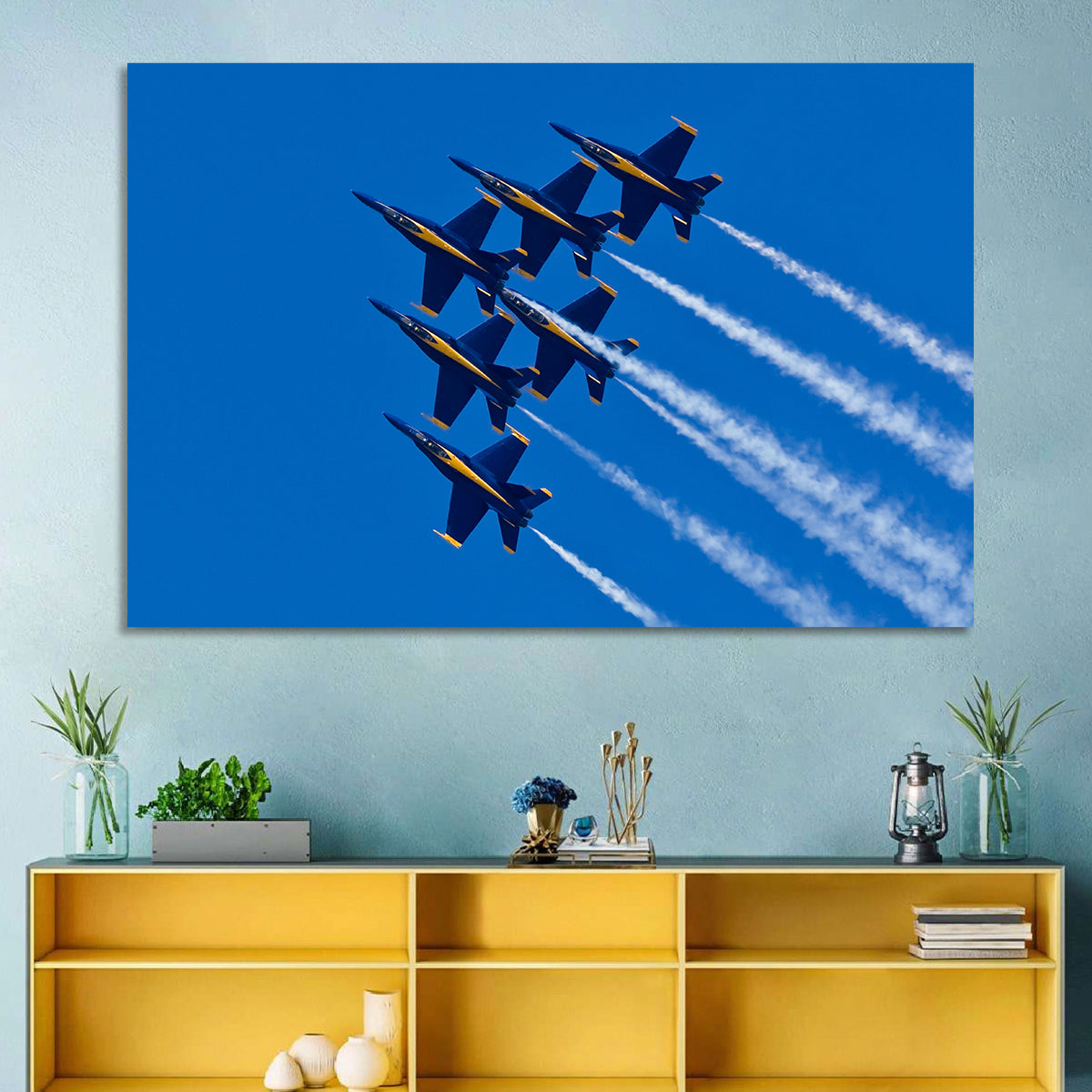 Blue Angels Delta Formation Flyover Wall Art in a room, landscape