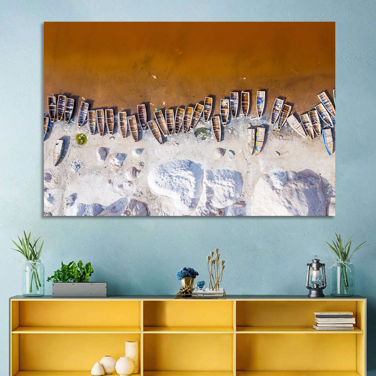 Lac Rose Boats Aerial View Wall Art in a room, landscape