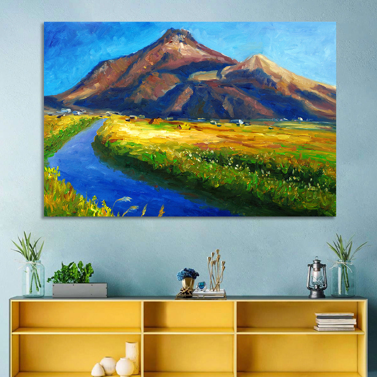 Mountain Village Stream at Golden Hour Wall Art in a room, landscape