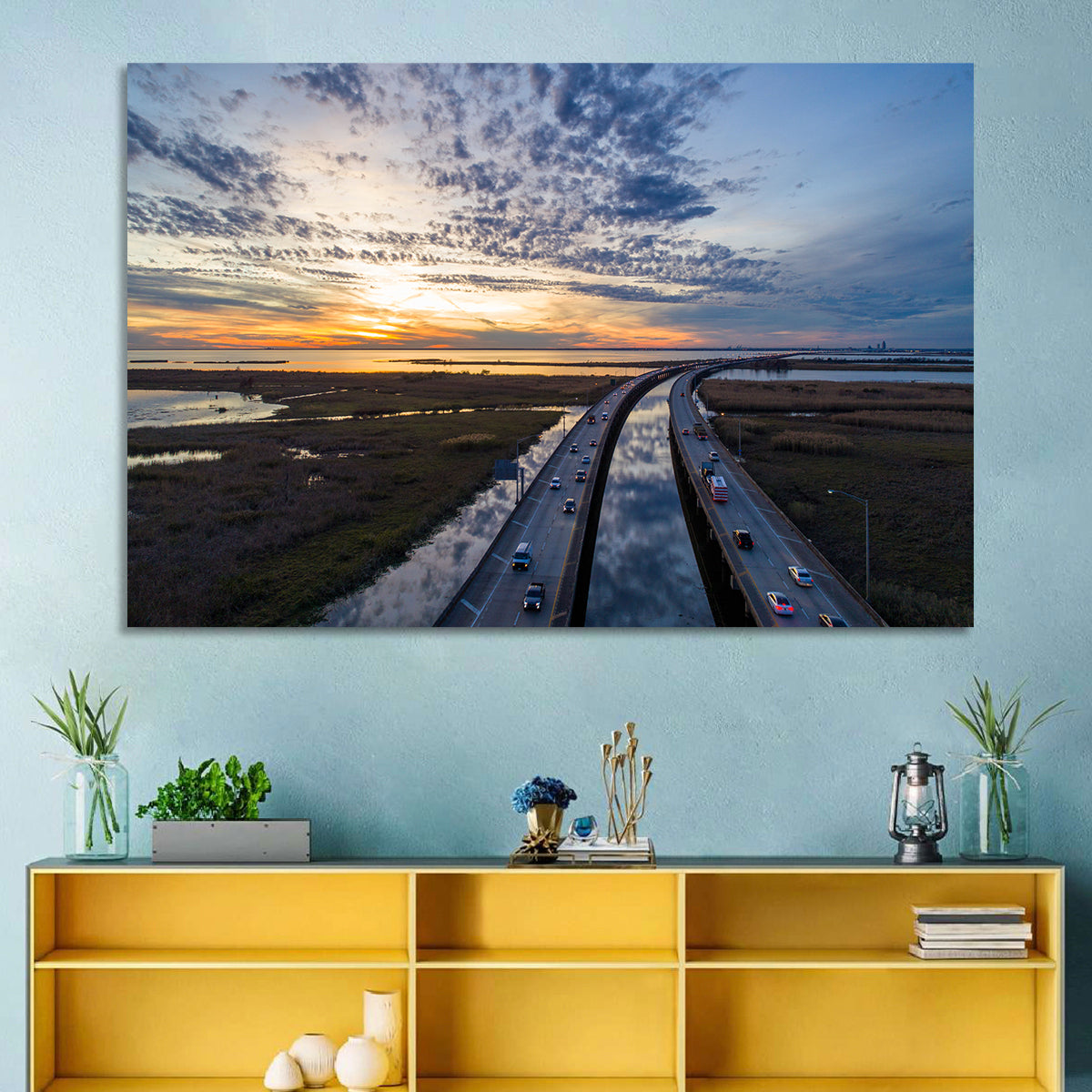 Mobile Bay Bridge at Sunset Wall Art in a room, landscape