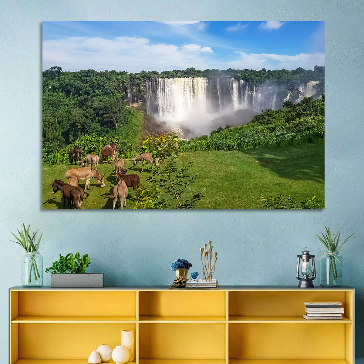 Kalandula Falls and Grazing Donkeys Wall Art