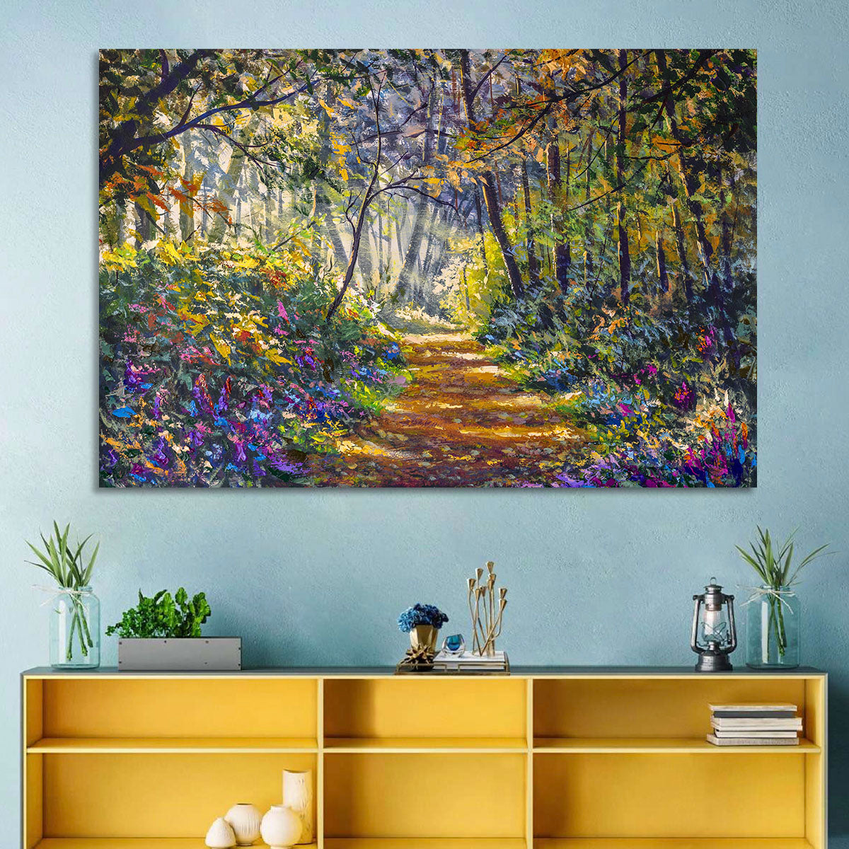 Sunlit Forest Path with Wildflowers Wall Art in a room, landscape
