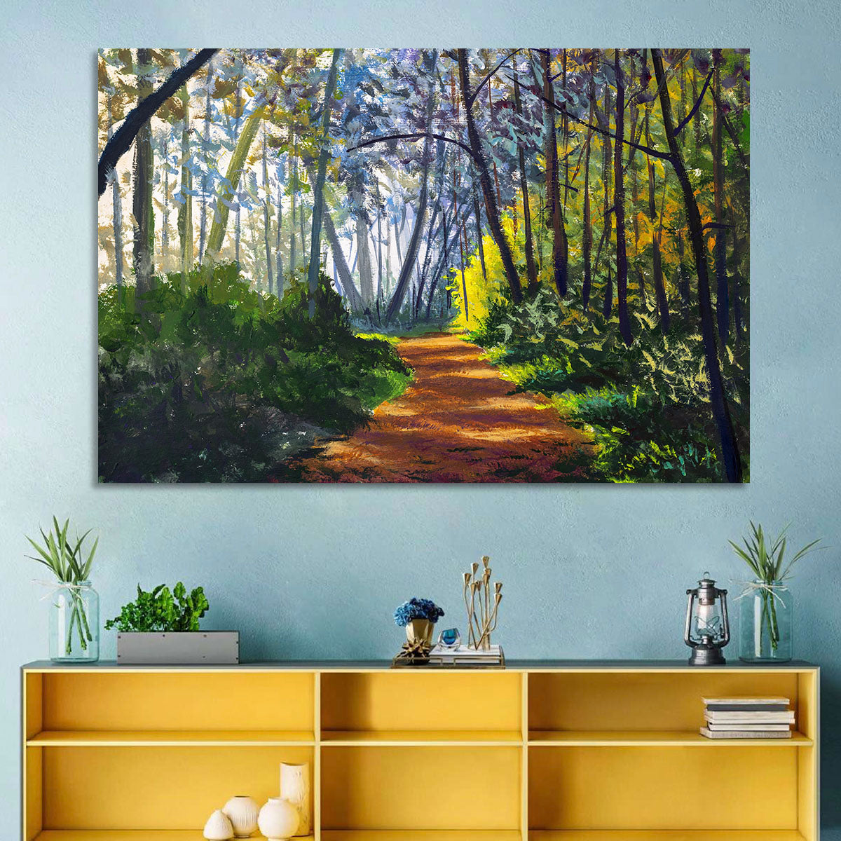 Sunlit Forest Alley Path Wall Art in a room, landscape