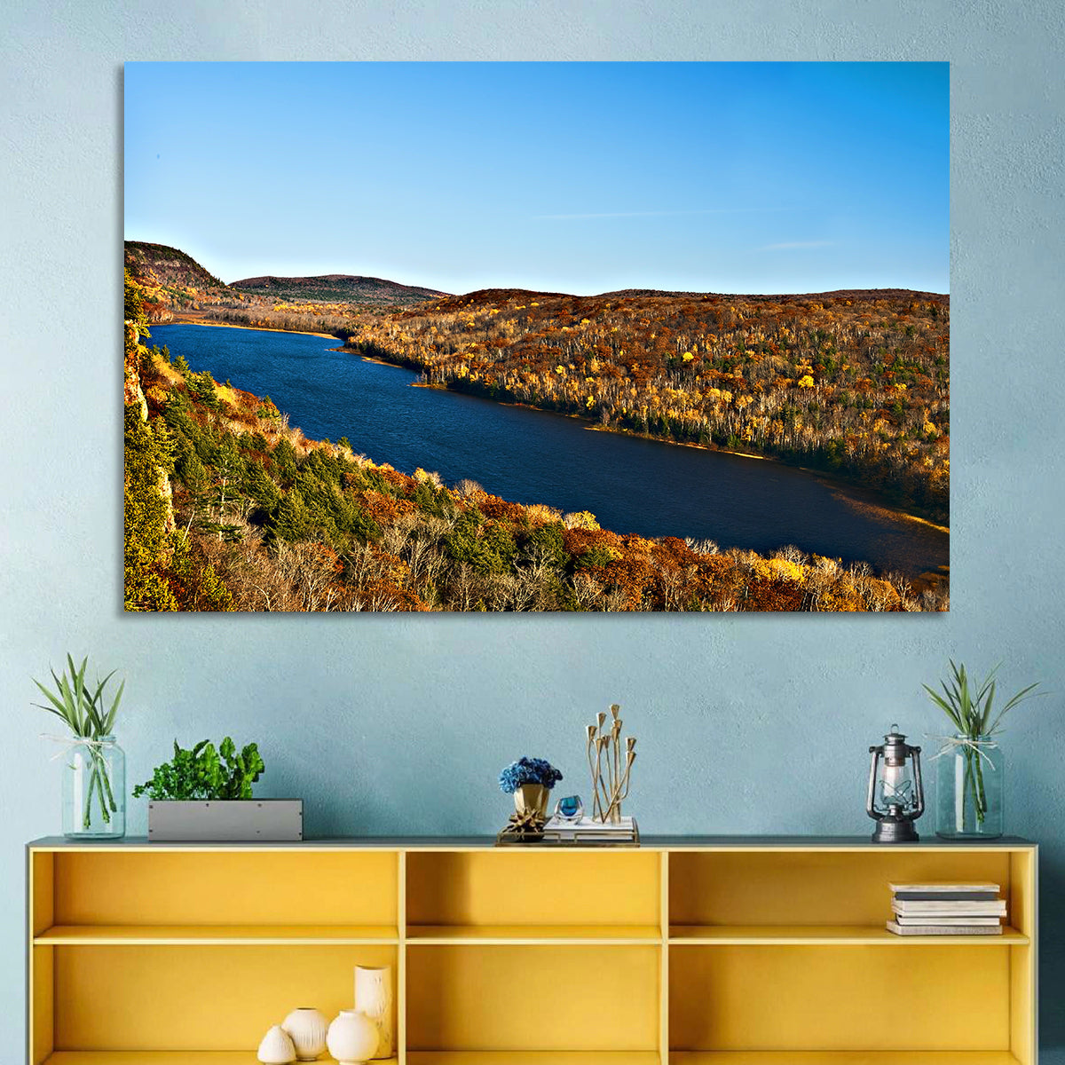 Lake of the Clouds Golden Hour Wall Art in a room, landscape