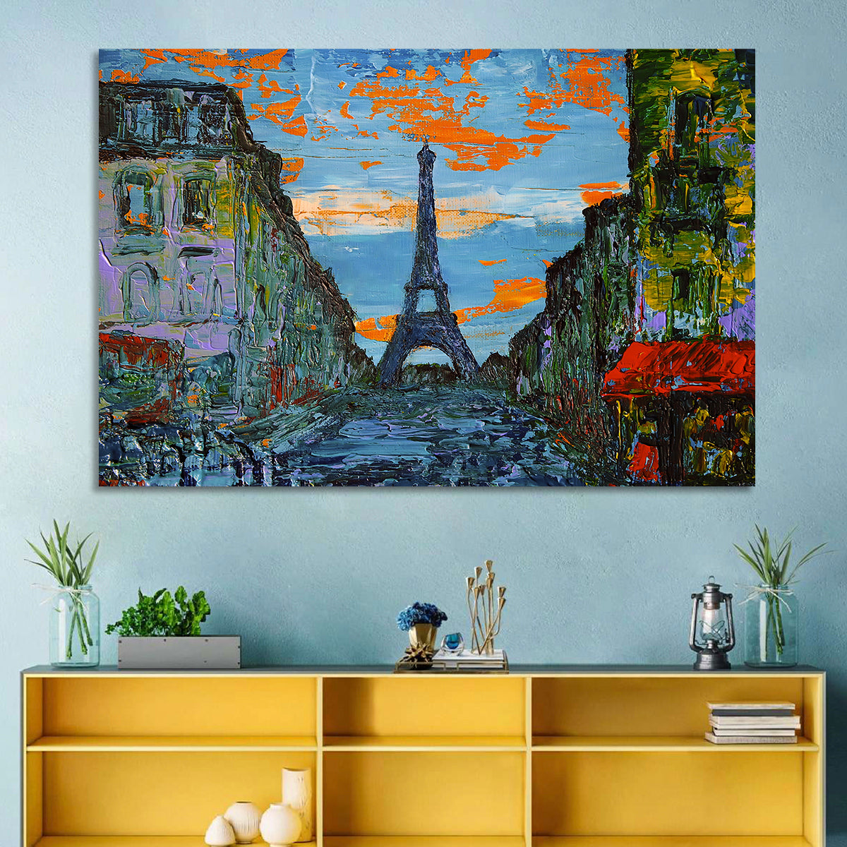 Paris Dusk Street, Eiffel Tower Wall Art in a room, landscape