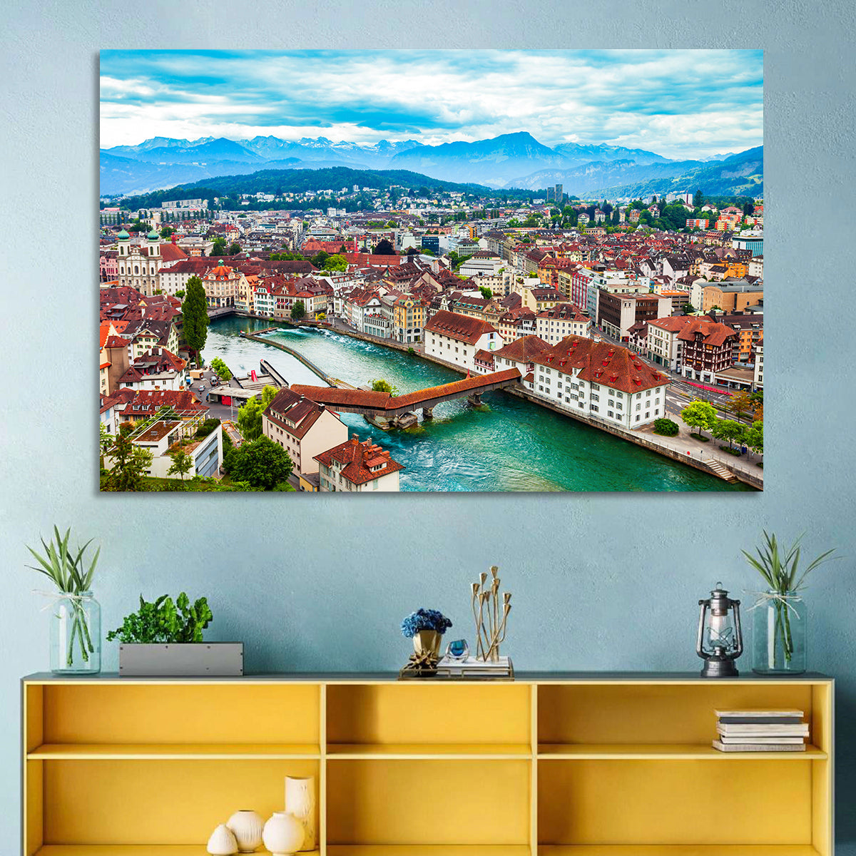 Lucerne Chapel Bridge View Wall Art in a room, landscape