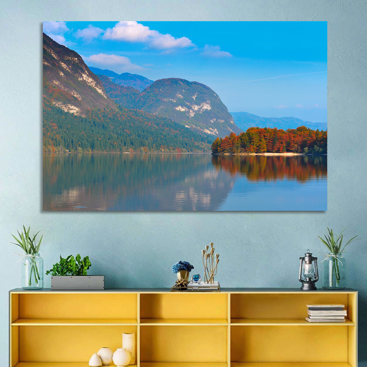 Lake Bohinj Autumn Reflection Wall Art in a room, landscape