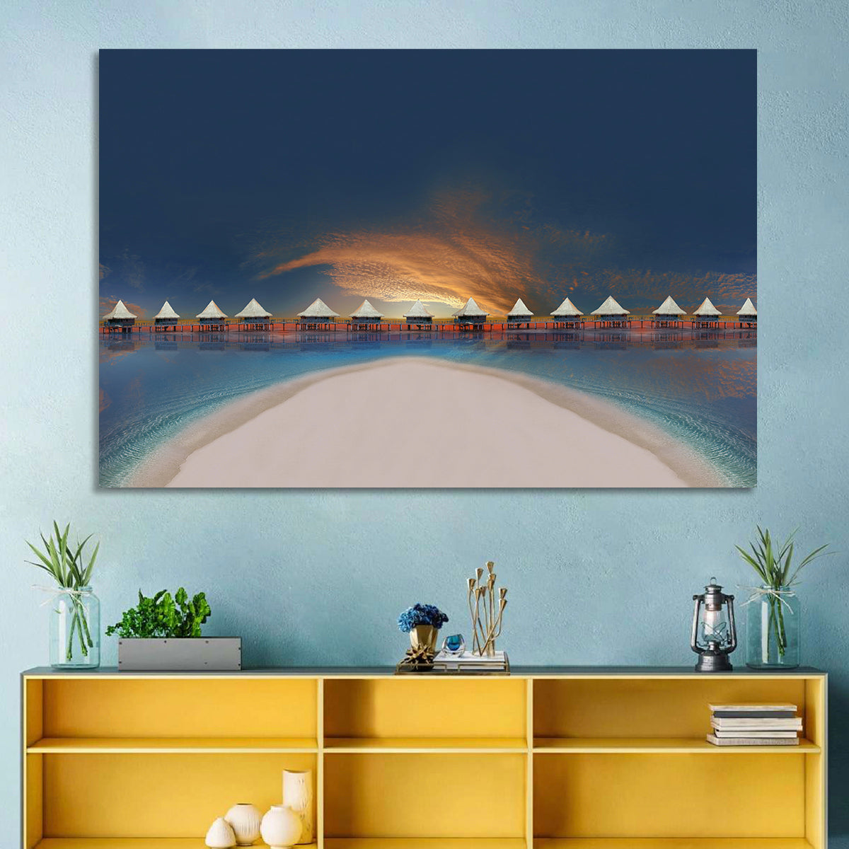 Overwater Bungalows at Golden Dusk Wall Art in a room, landscape