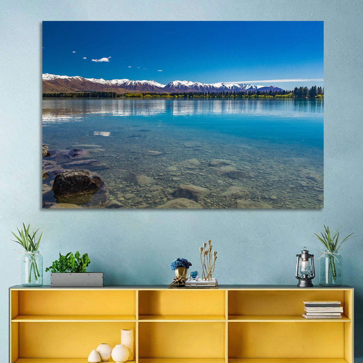 Lake Ruataniwha Reflection Wall Art in a room, landscape