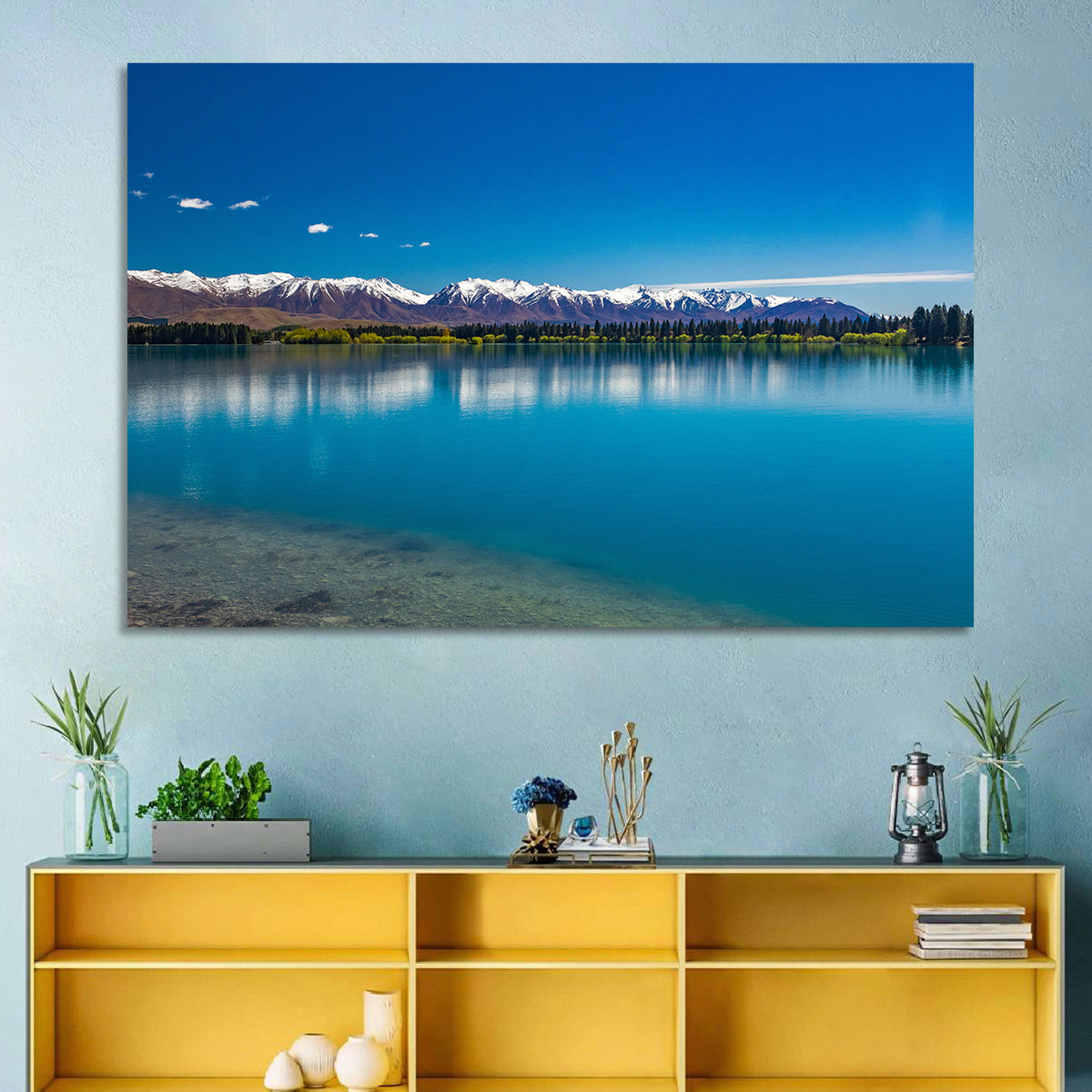 Lake Ruataniwha Reflection Wall Art in a room, landscape