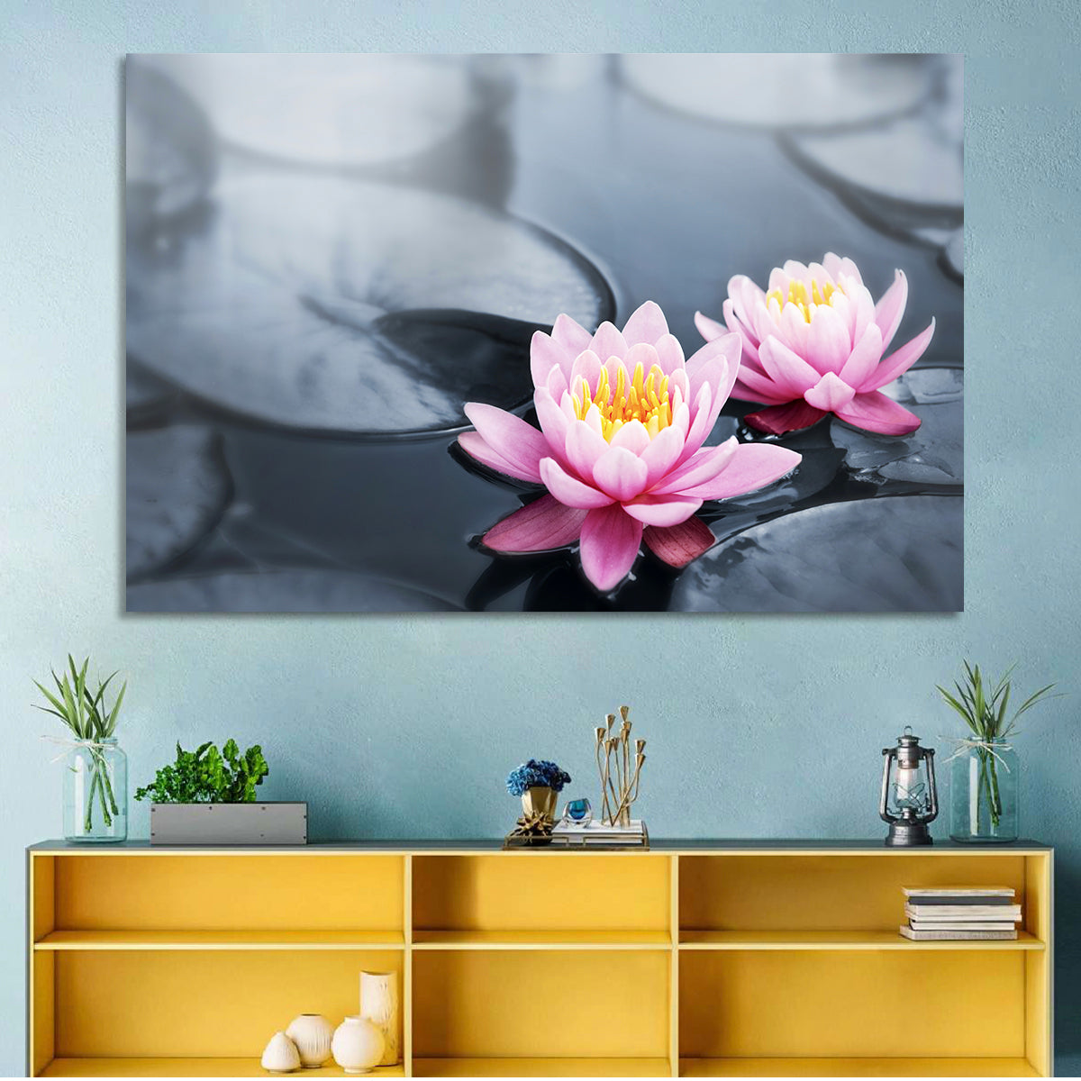 Pink Water Lilies Wall Art in a room, landscape