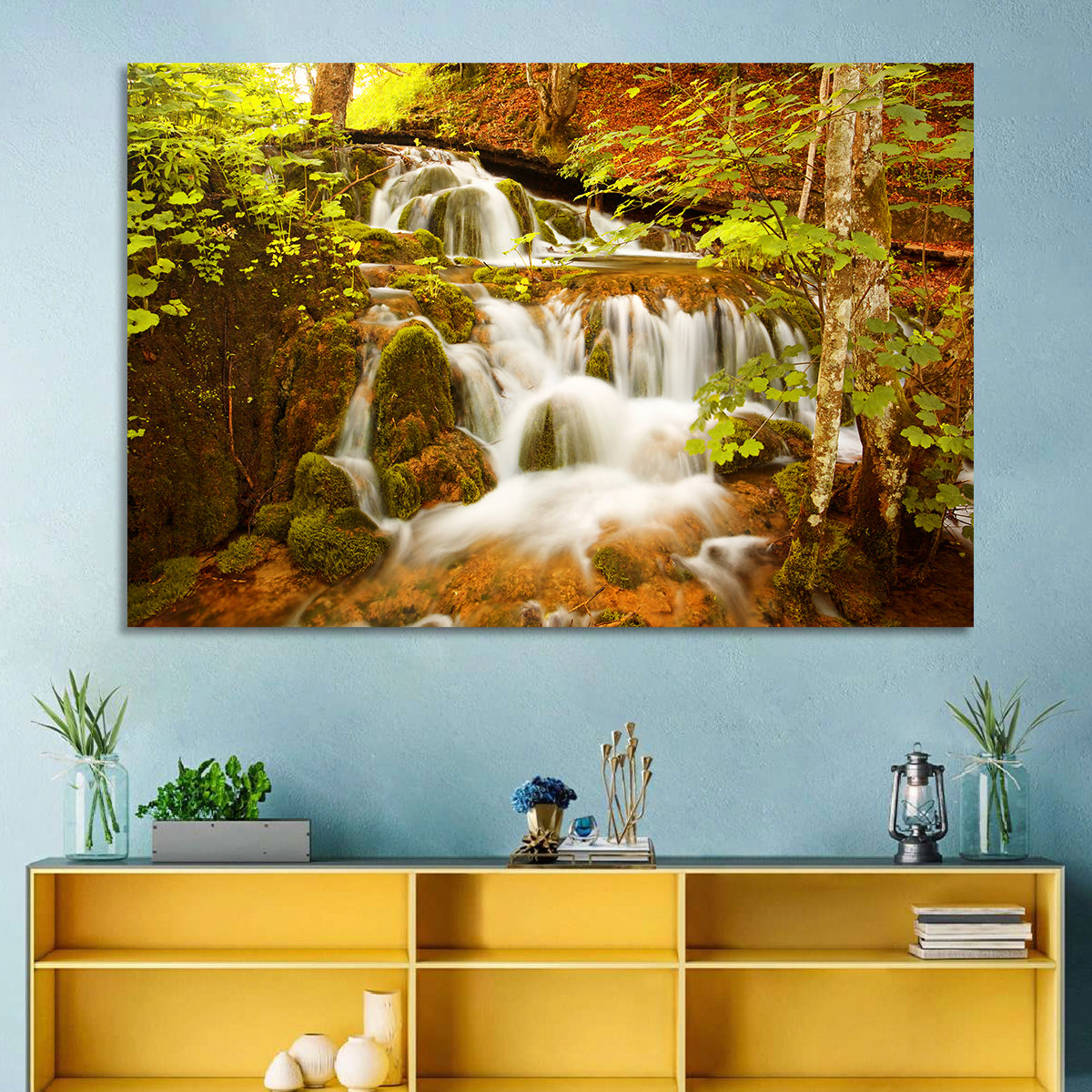 Plitvice Autumn Stream Wall Art in a room, landscape