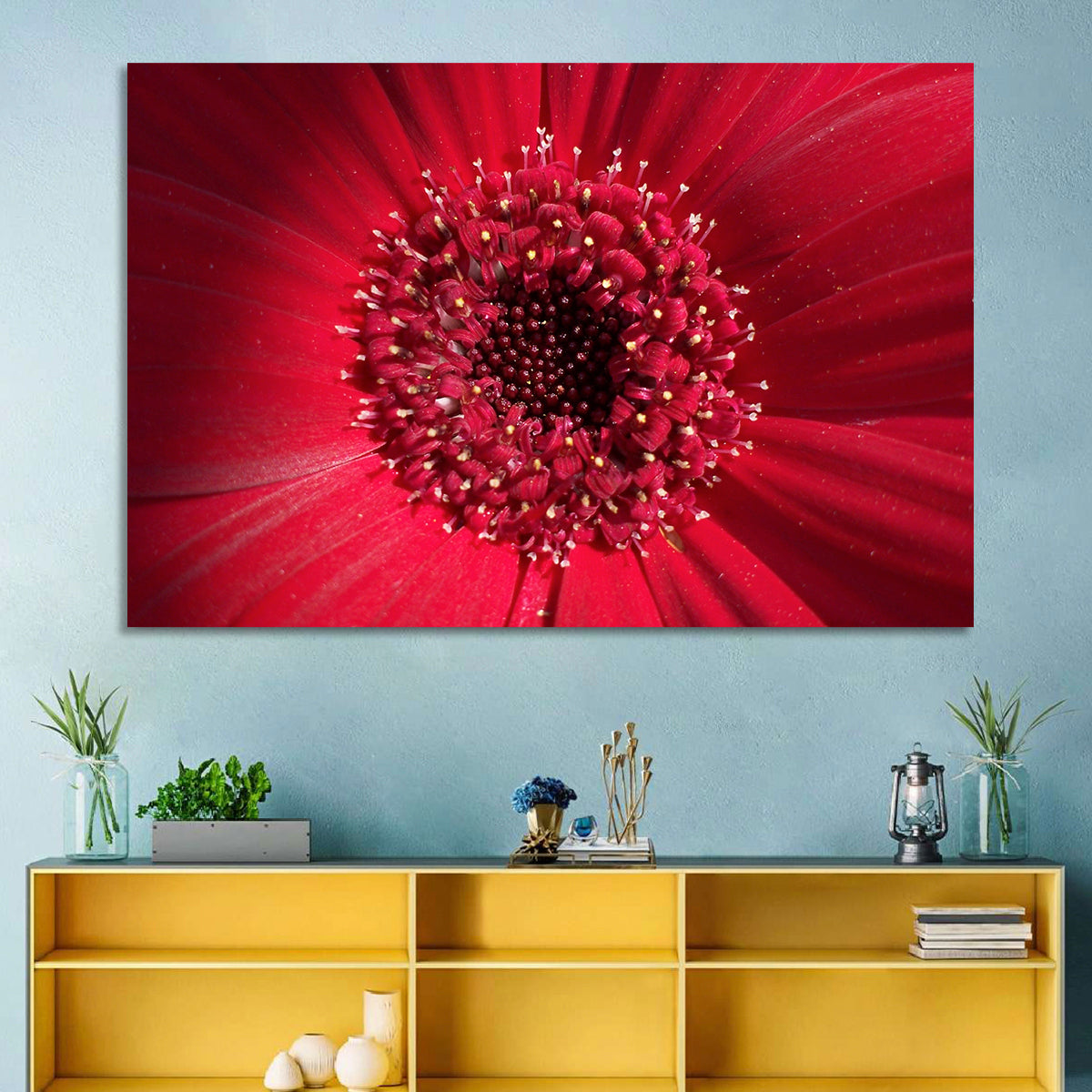Red Gerbera Daisy Macro Close Up Wall Art in a room, landscape