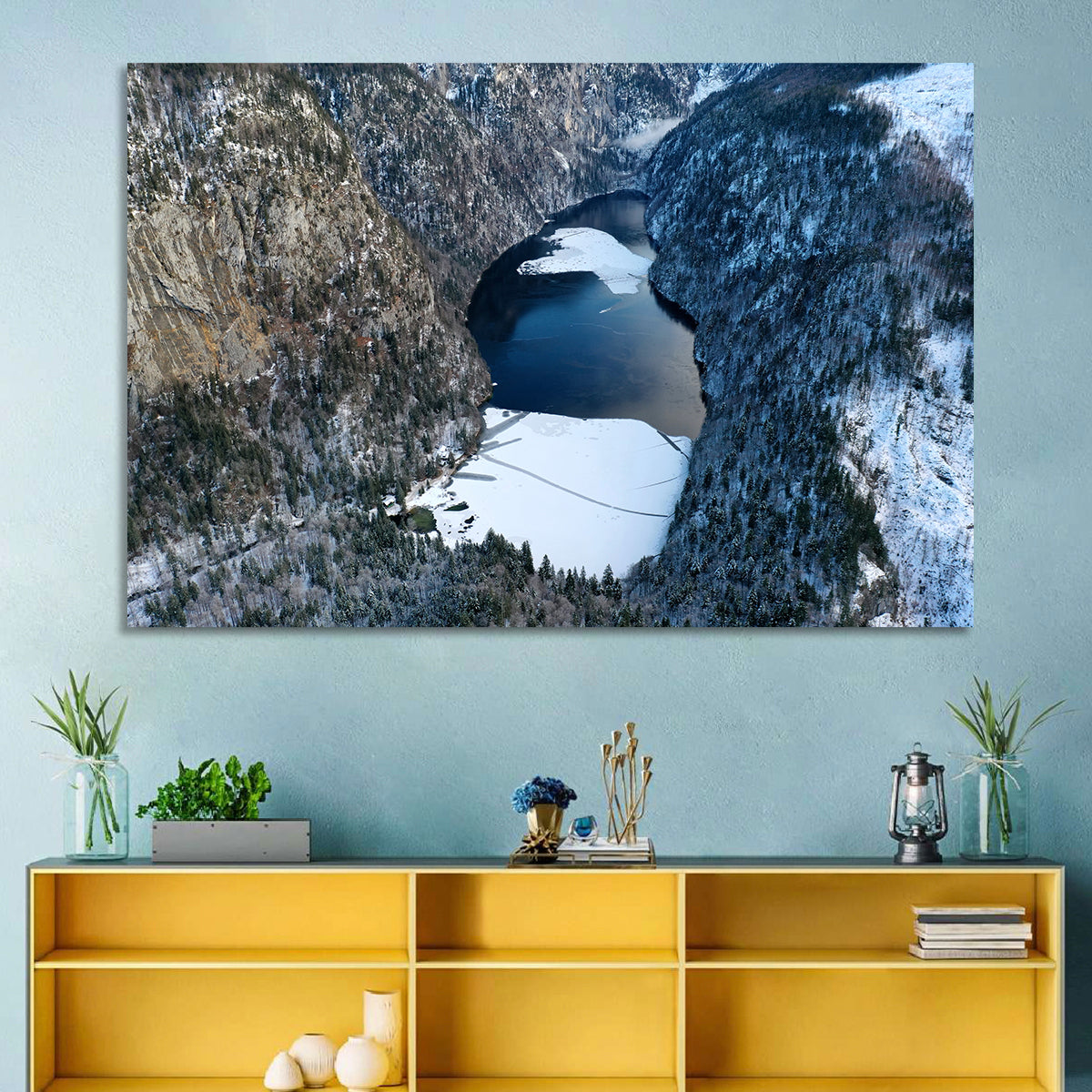 Toplitz Lake Winter Aerial Wall Art in a room, landscape