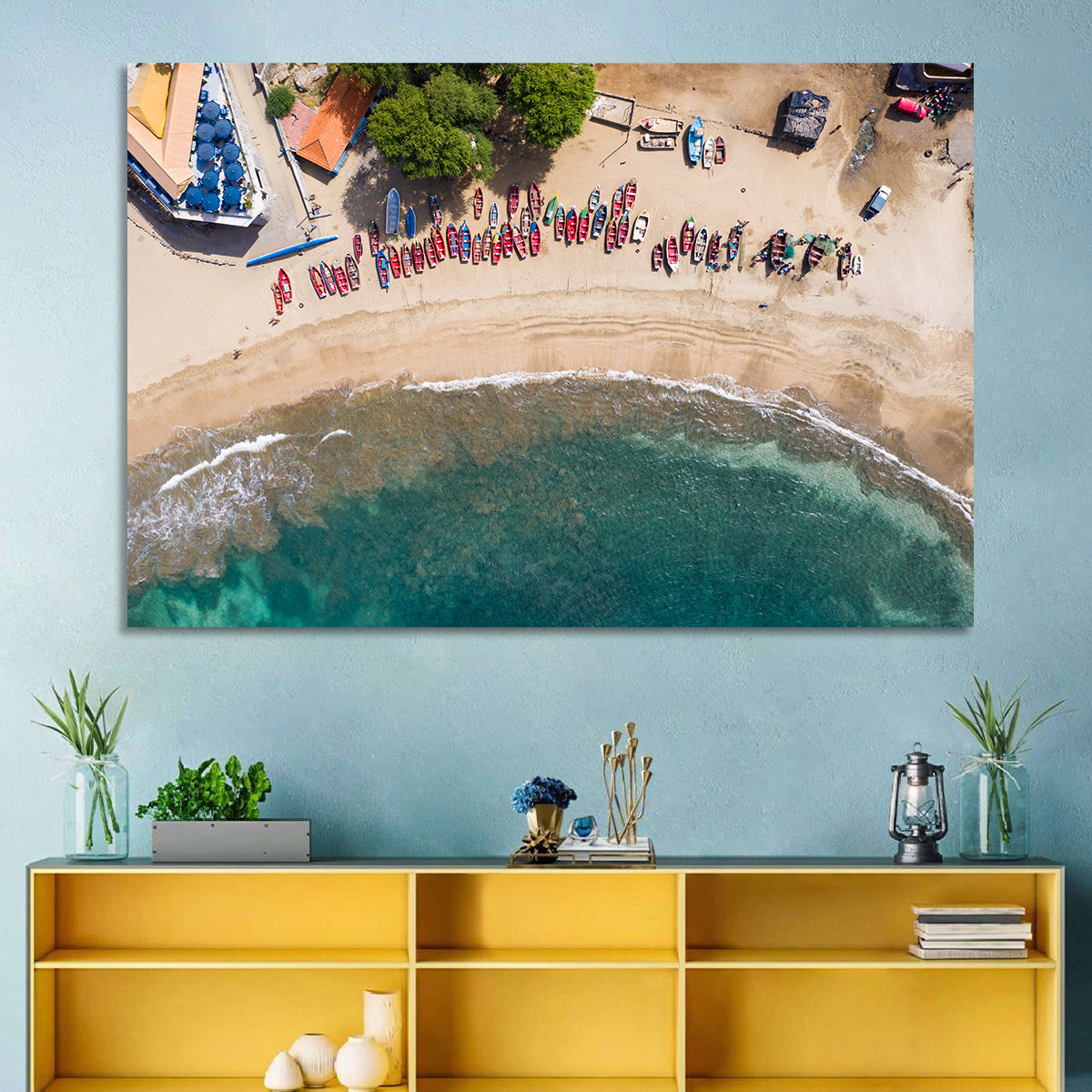 Aerial Tarrafal Beach Fishing Boats Wall Art in a room, landscape