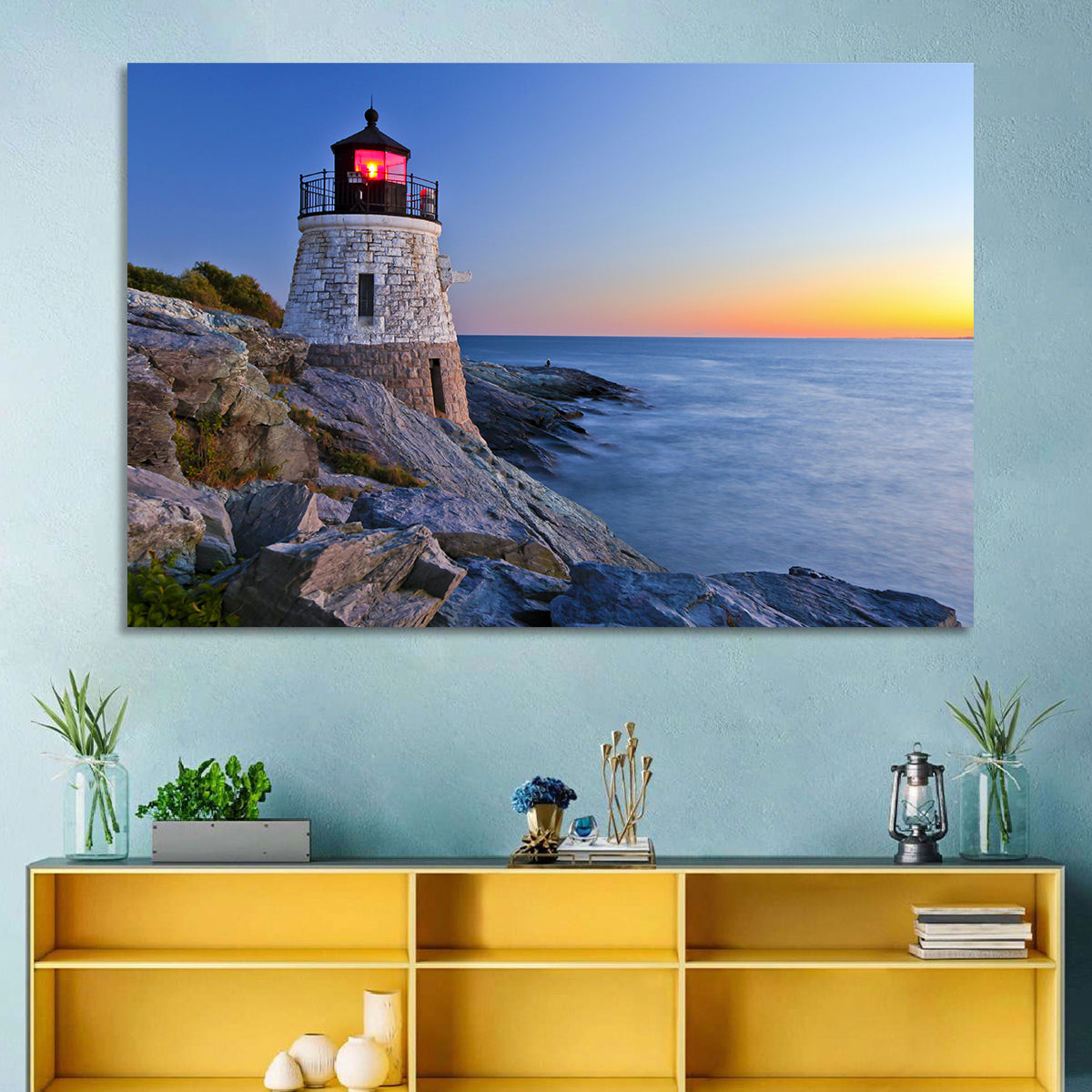 Castle Hill Lighthouse at Dusk Wall Art in a room, landscape