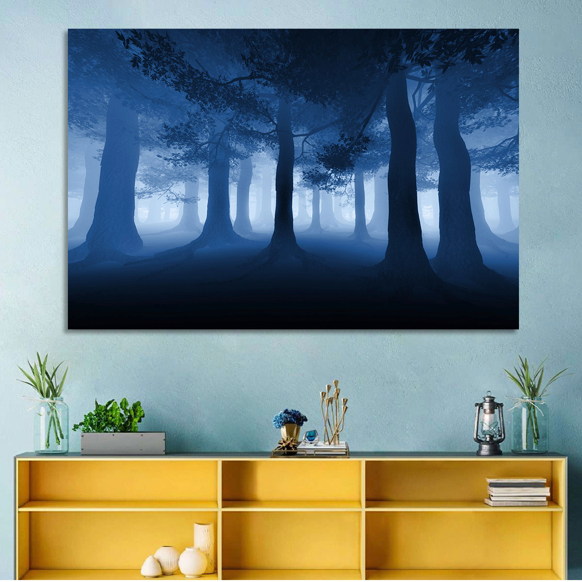 Midnight Blue Forest Wall Art in a room, landscape