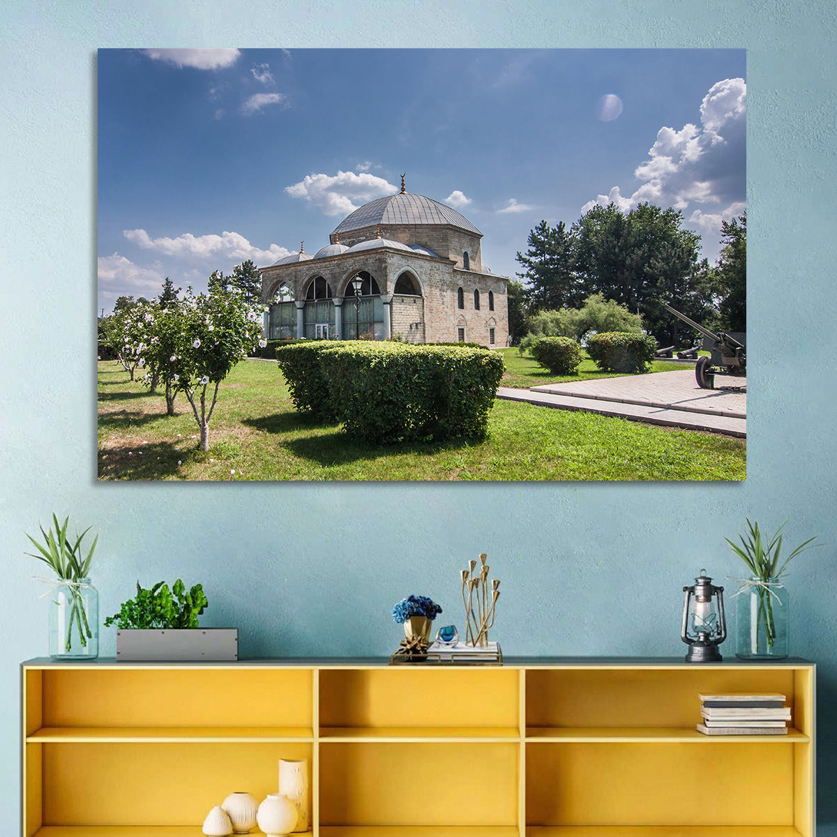 Sunlit Old Mosque in Izmail Wall Art in a room, landscape
