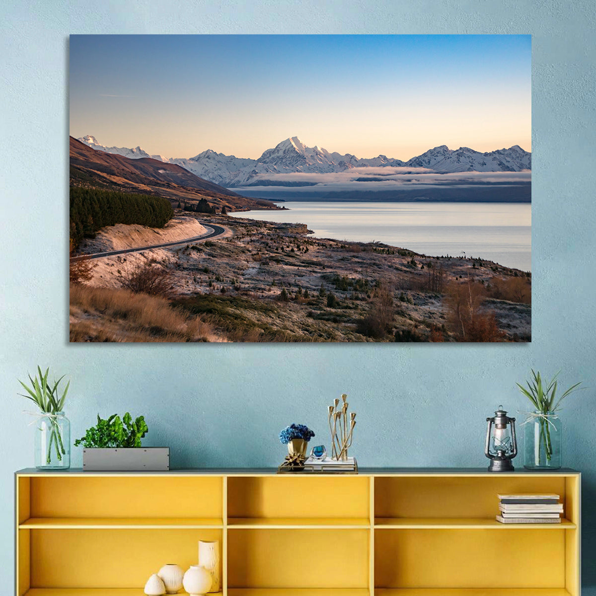 Mount Cook Over Lake Pukaki Wall Art in a room, landscape