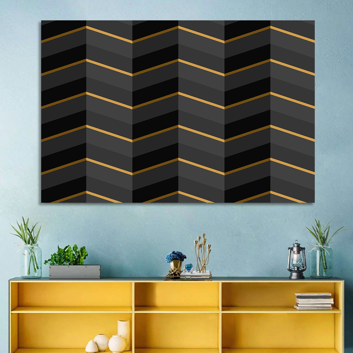 Black Stripes with Gold Accents Wall Art in a room, landscape