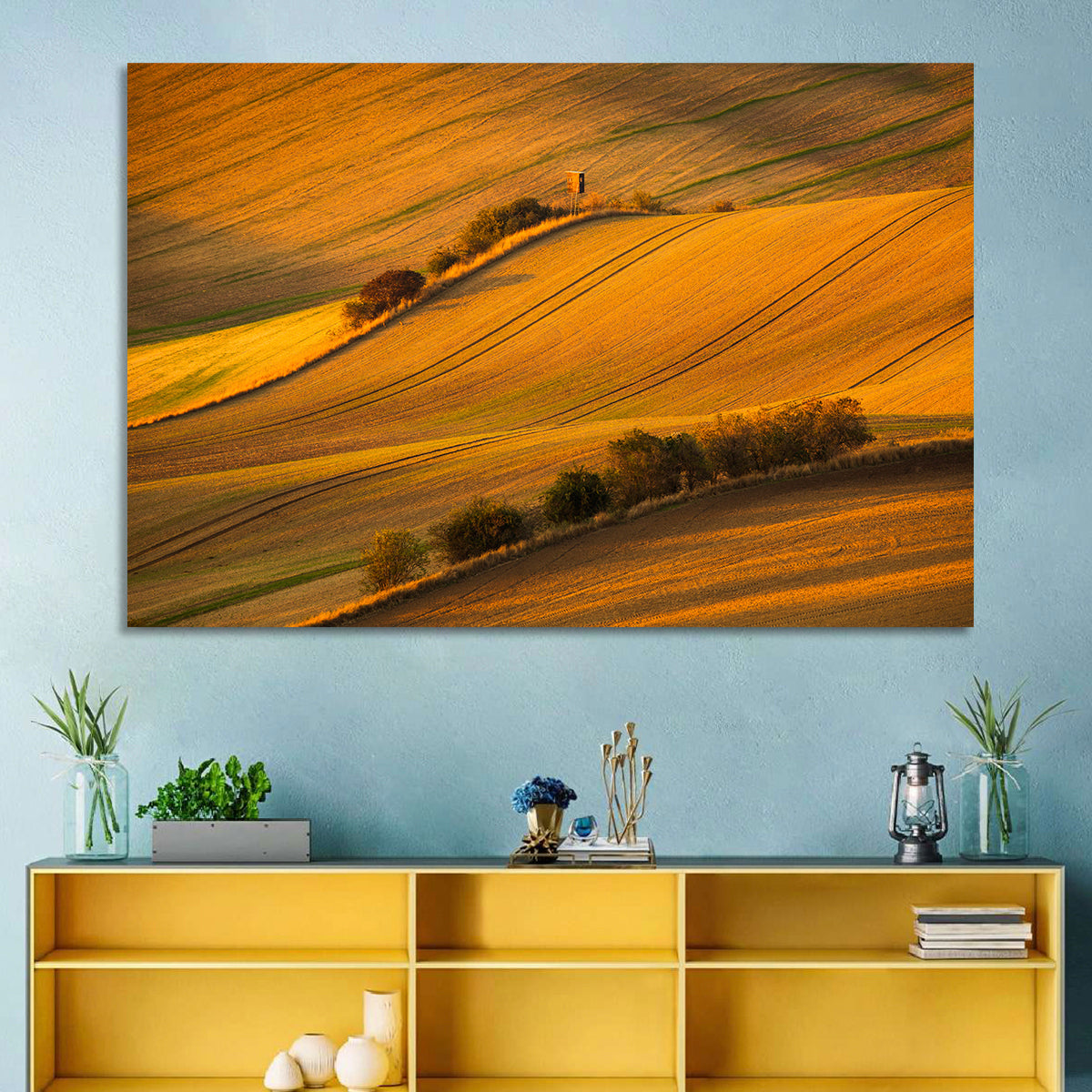 Golden Moravian Farm Tracks Wall Art in a room, landscape