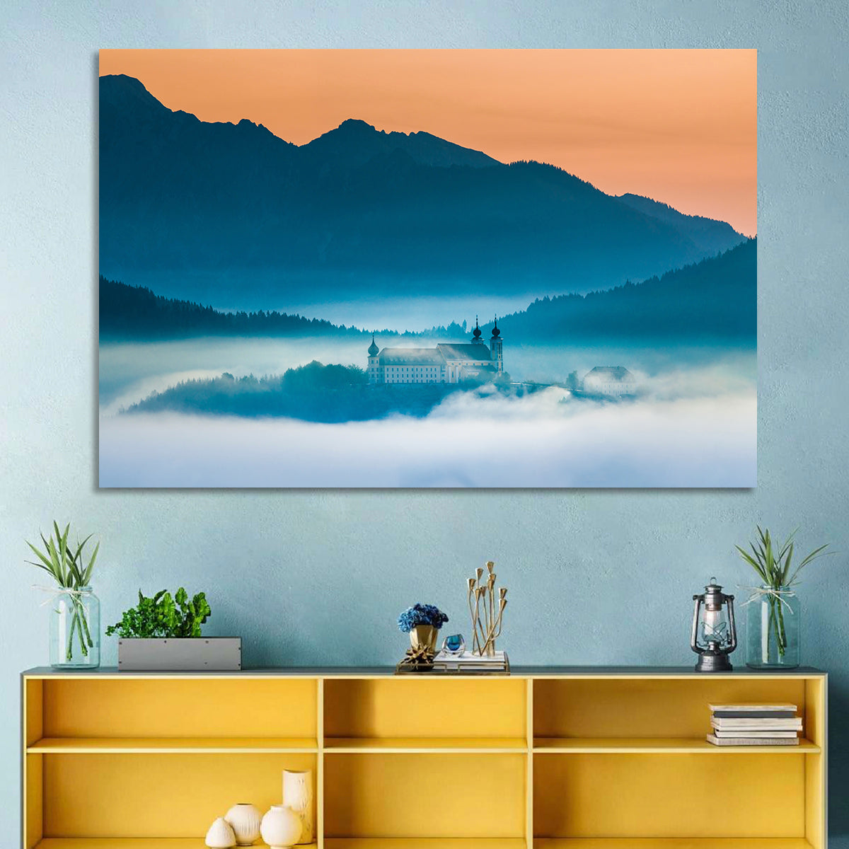 Benediktbeuern Abbey in Morning Fog Wall Art in a room, landscape